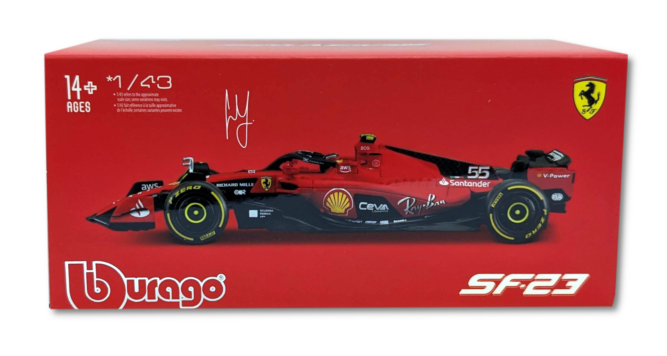 Ein rotes Bburago-Modell eines Ferrari SF23 Formel-1-Autos, in seiner Box ausgestellt.