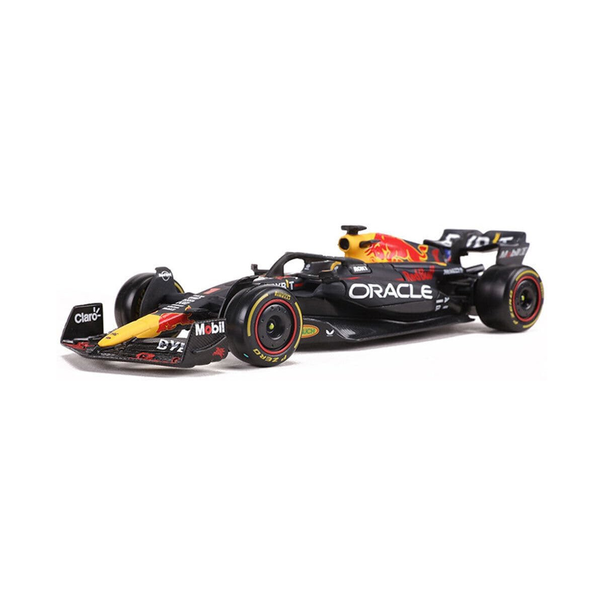 Ein schwarz-rotes Formel-1-Rennauto. Oracle und Mobil sind darauf geschrieben. Weißer Hintergrund.