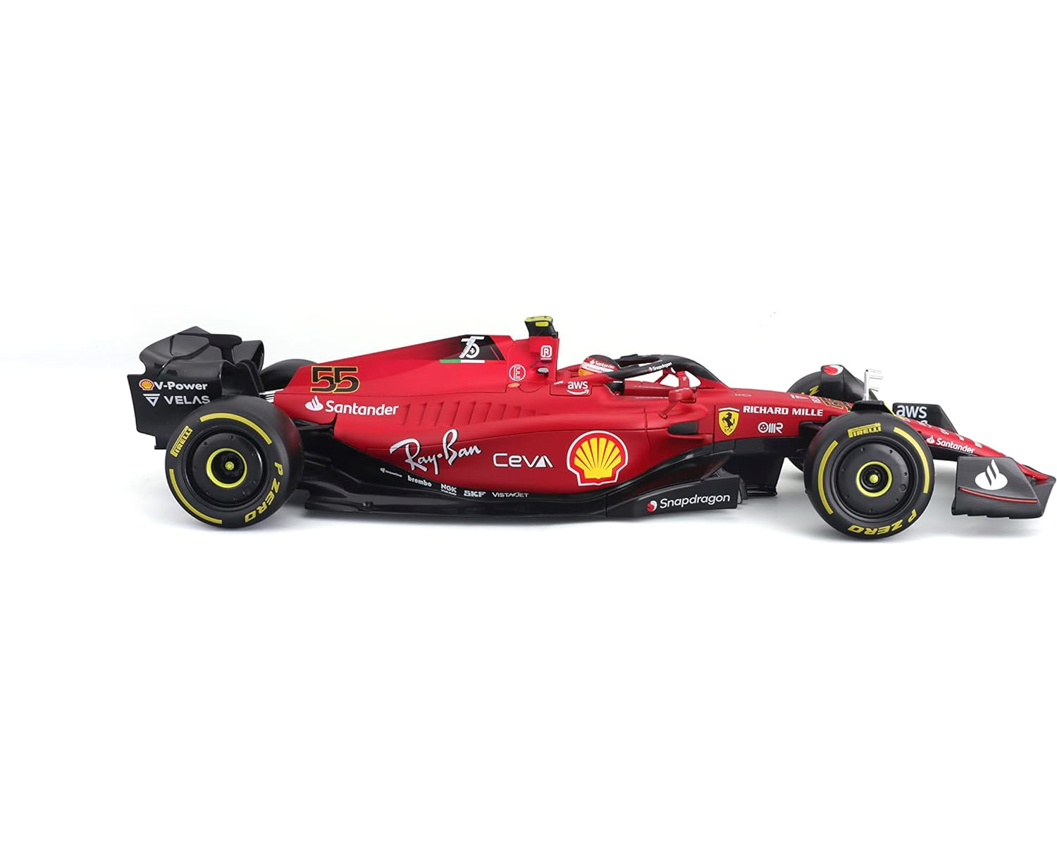 Ein roter Ferrari Formel-1-Rennwagen mit Sponsorenlogos auf weißem Grund.