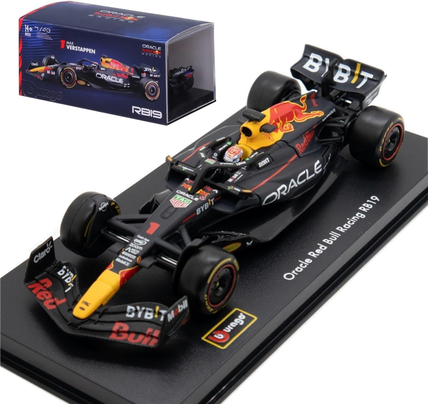 Model samochodu Formuły 1 Red Bull Racing RB19 na czarnej podstawie z pudełkiem.
