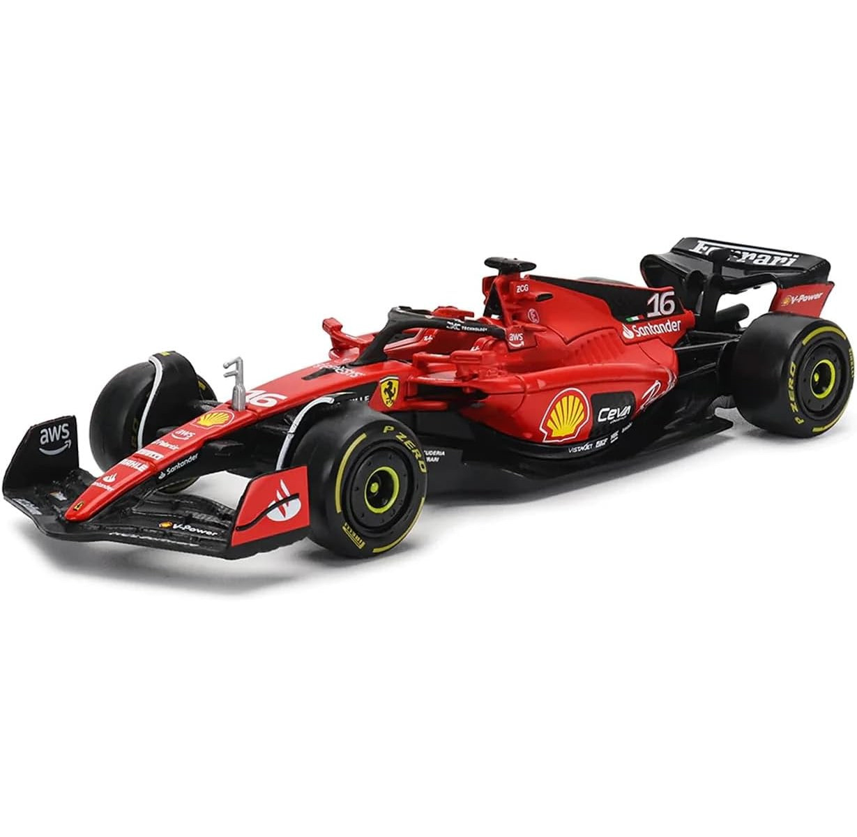 Ein rotes Ferrari Formel 1 Rennwagenmodell, mit Sponsorenlogos, isoliert auf Weiß.