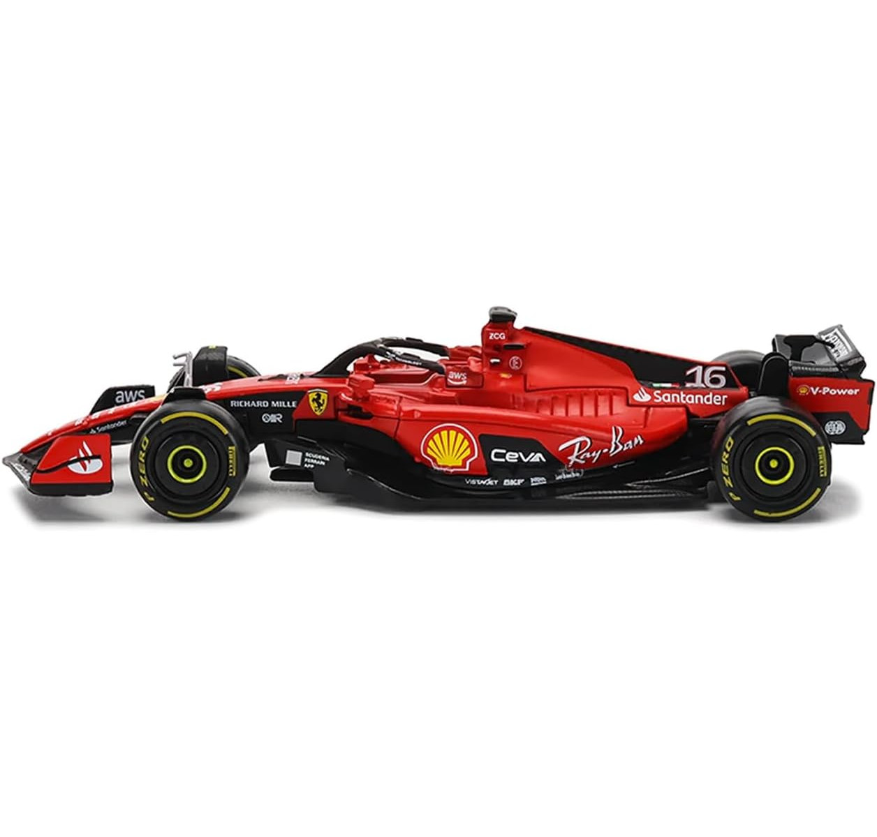 Roter Formel-1-Rennwagen mit Sponsorenlogos und der Nummer 16, isoliert auf weißem Hintergrund.