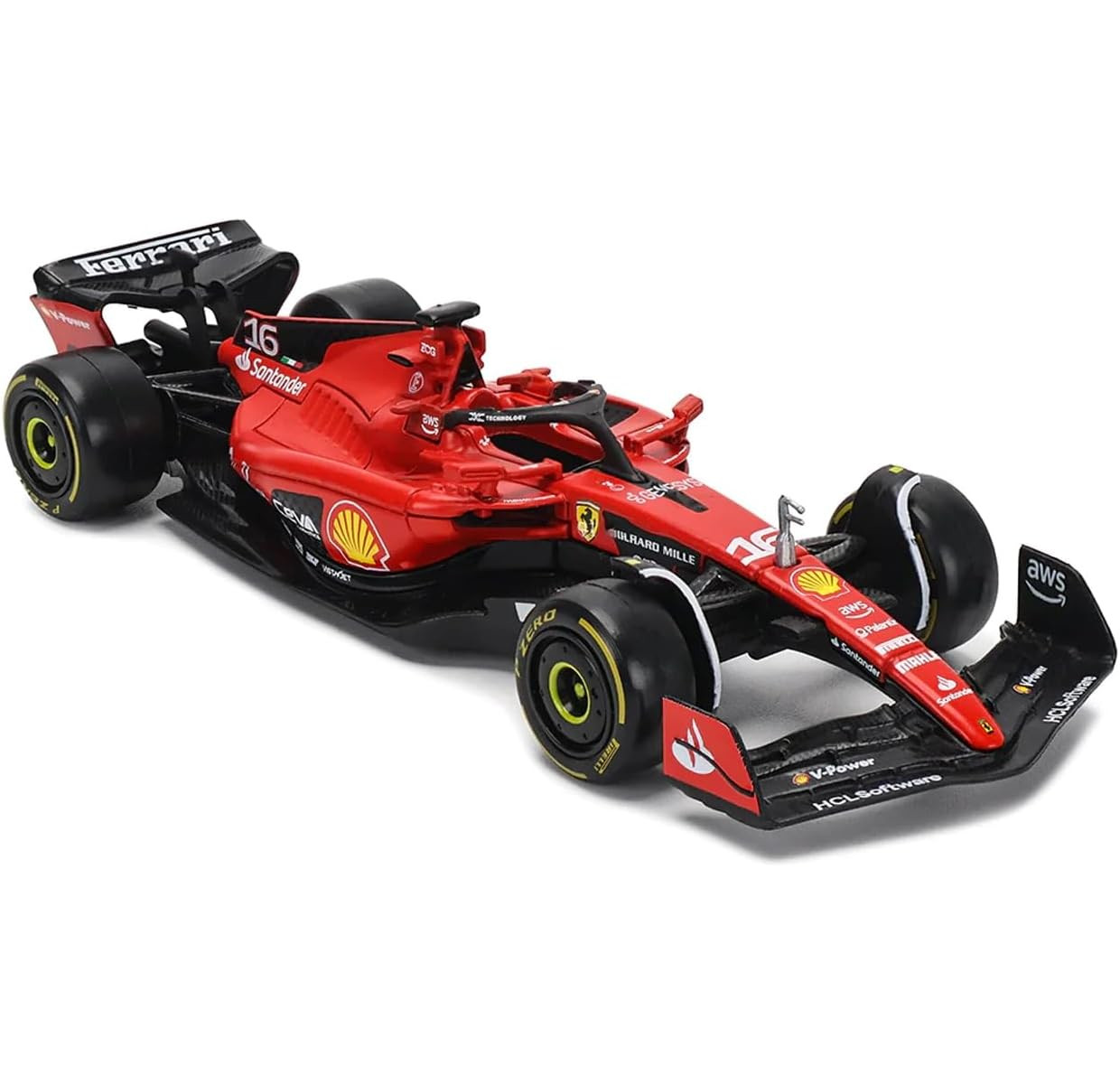 Roter Ferrari Formel-1-Wagen. Schwarze und gelbe Details. Weißer Hintergrund.
