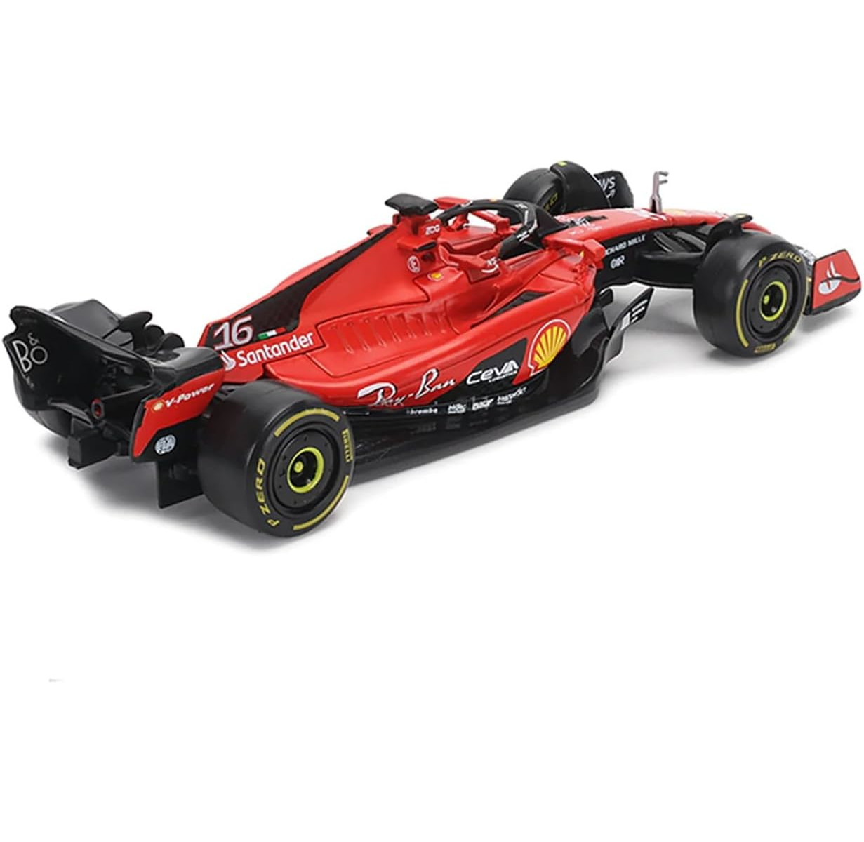 Ein rotes Formel-1-Rennwagenmodell. Es hat Logos und die Nummer 16 darauf.
