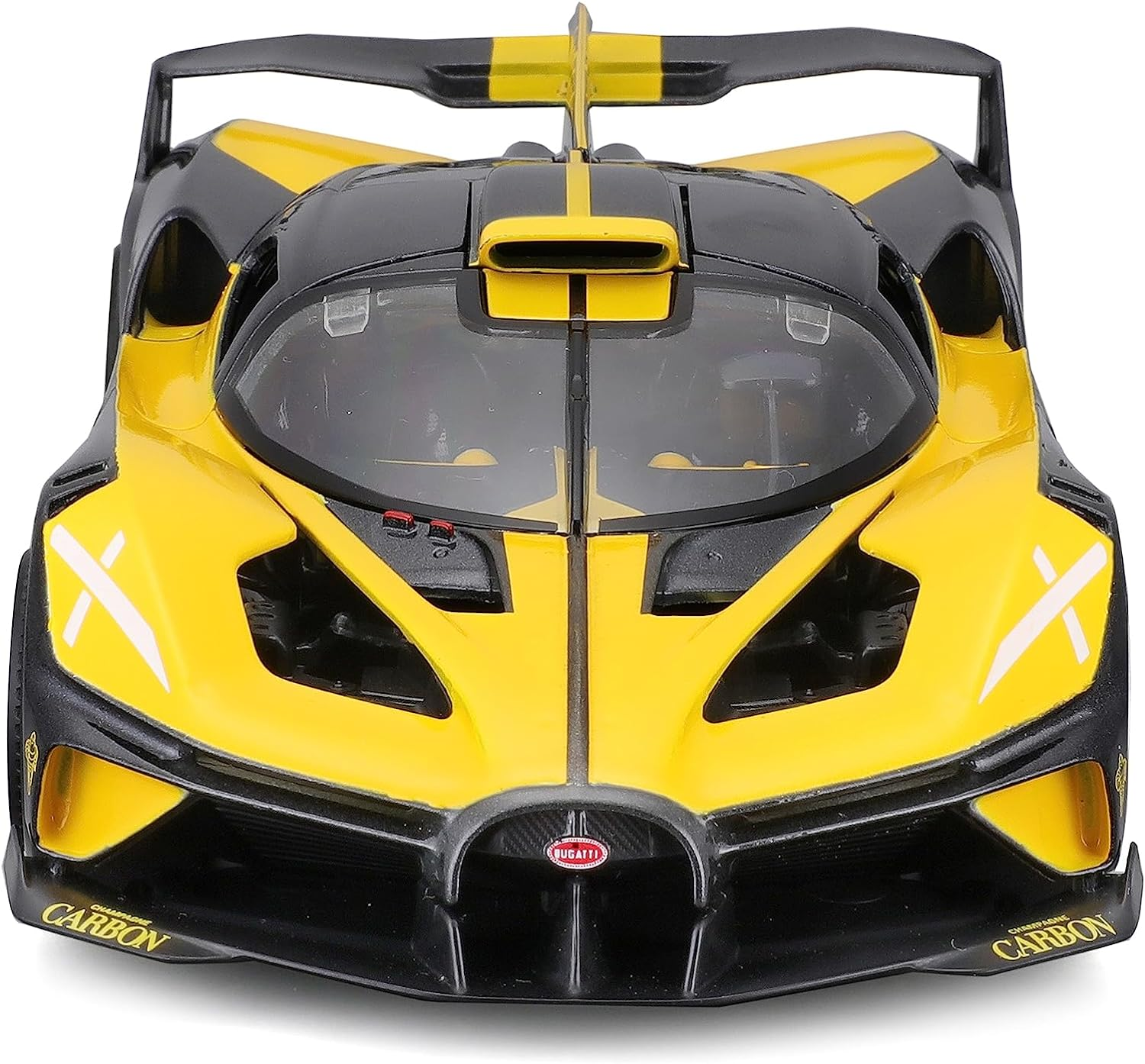 Gelb-schwarzes Bugatti Bolide Modellauto, von vorne betrachtet.