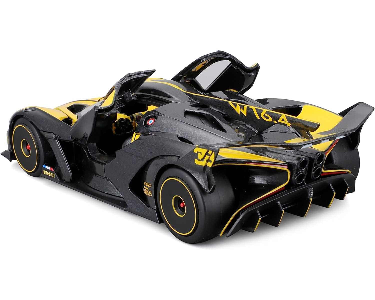 Schwarz-gelbes Spielzeugauto mit geöffneten Türen. Der Text W16.4 an der Seite.