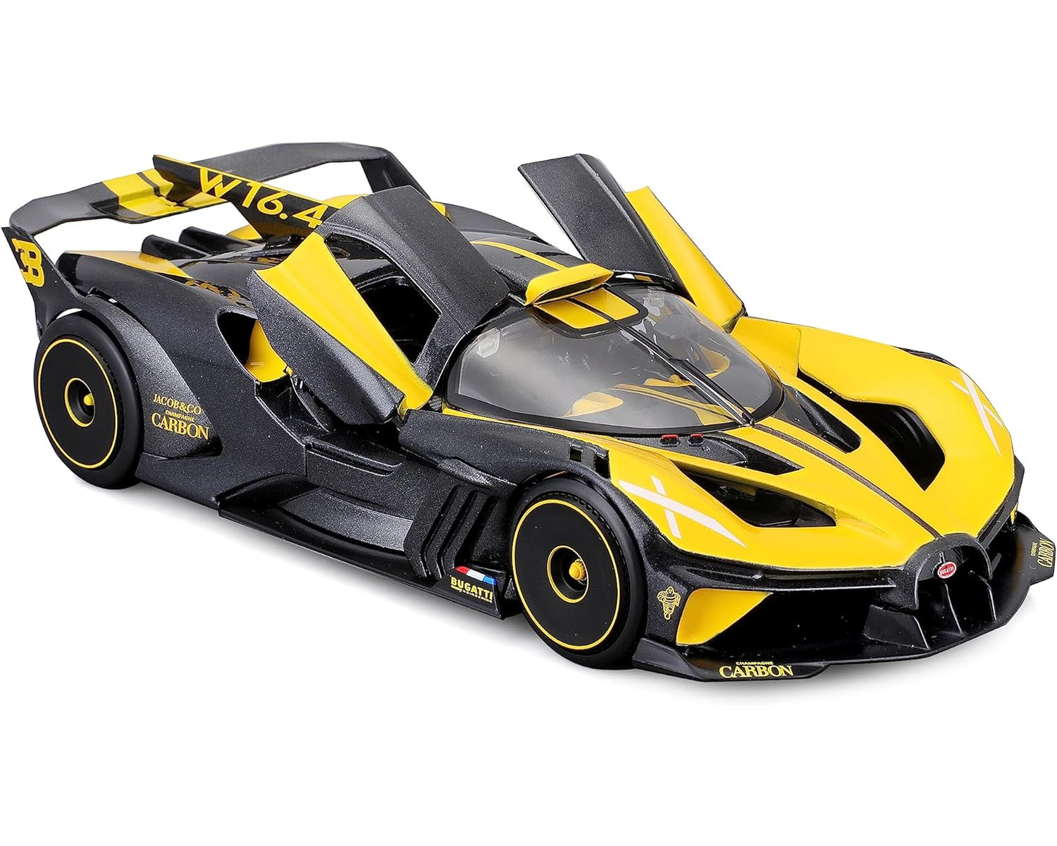 Gelb-schwarzes Modellauto mit offenen Türen. Es hat einen Spoiler. Bugatti- und Kohlefaser-Text sind sichtbar.