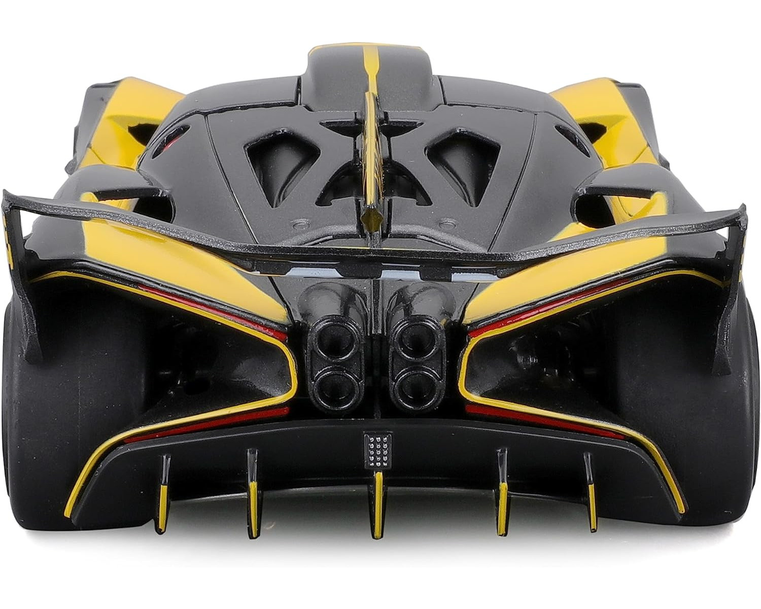 Ein schwarz-gelbes Spielzeugauto mit detailliertem Design.