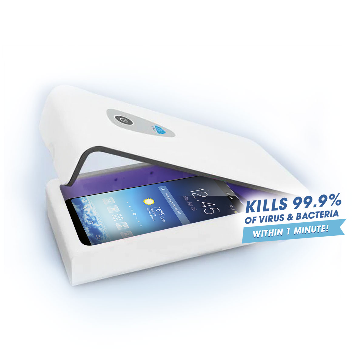 Ein Telefon in einer weißen Desinfektionsbox, Text: Tötet 99,9 % der Viren.
