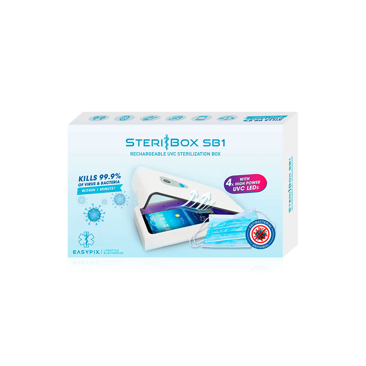 Eine weiße Box mit der Aufschrift "SteriBox SB1", die eine UVC-Sterilisationsbox enthält.