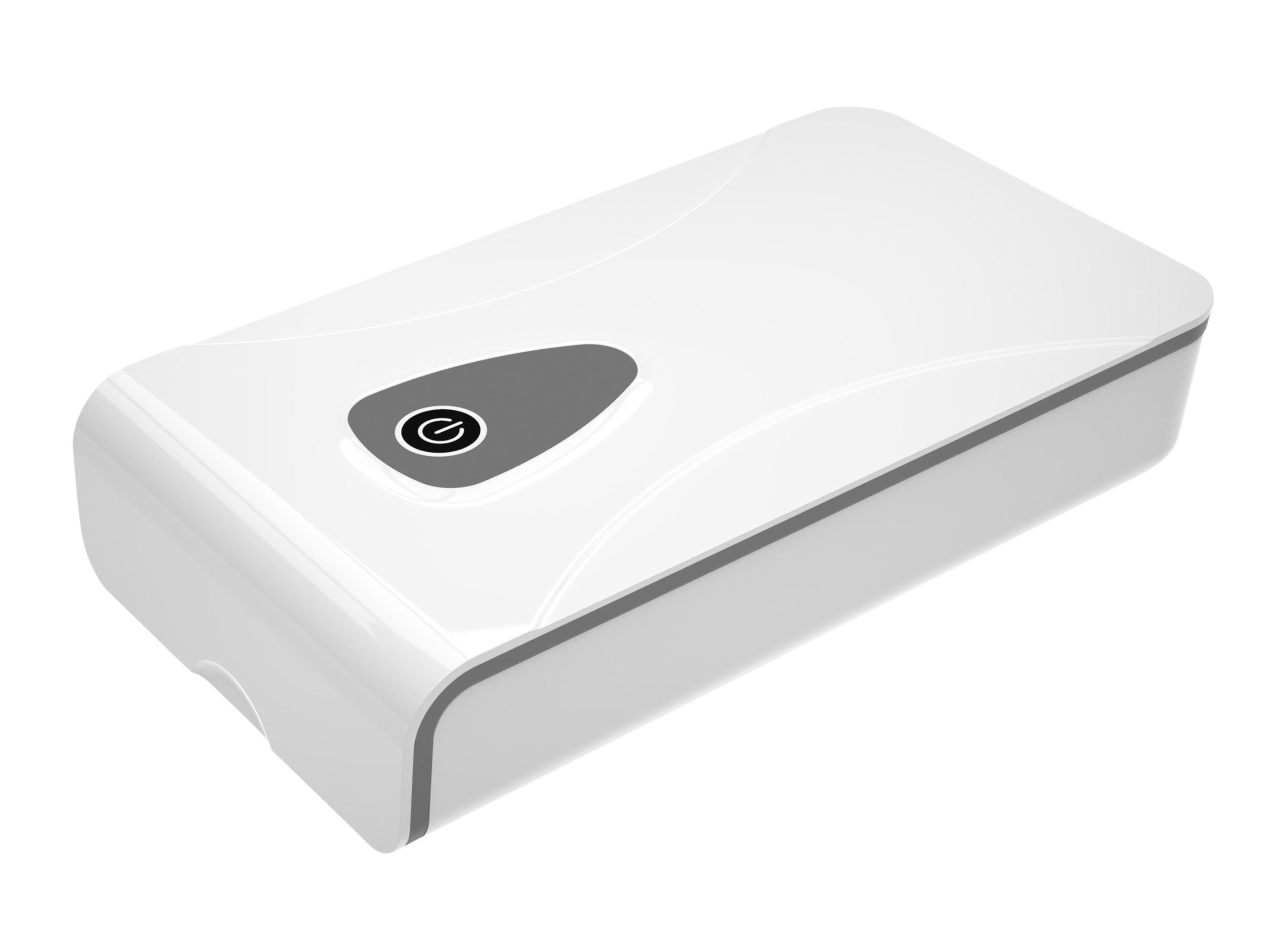 Ein weißes rechteckiges Gerät mit grauem Power-Knopf. Es hat ein glattes, kurviges Design.