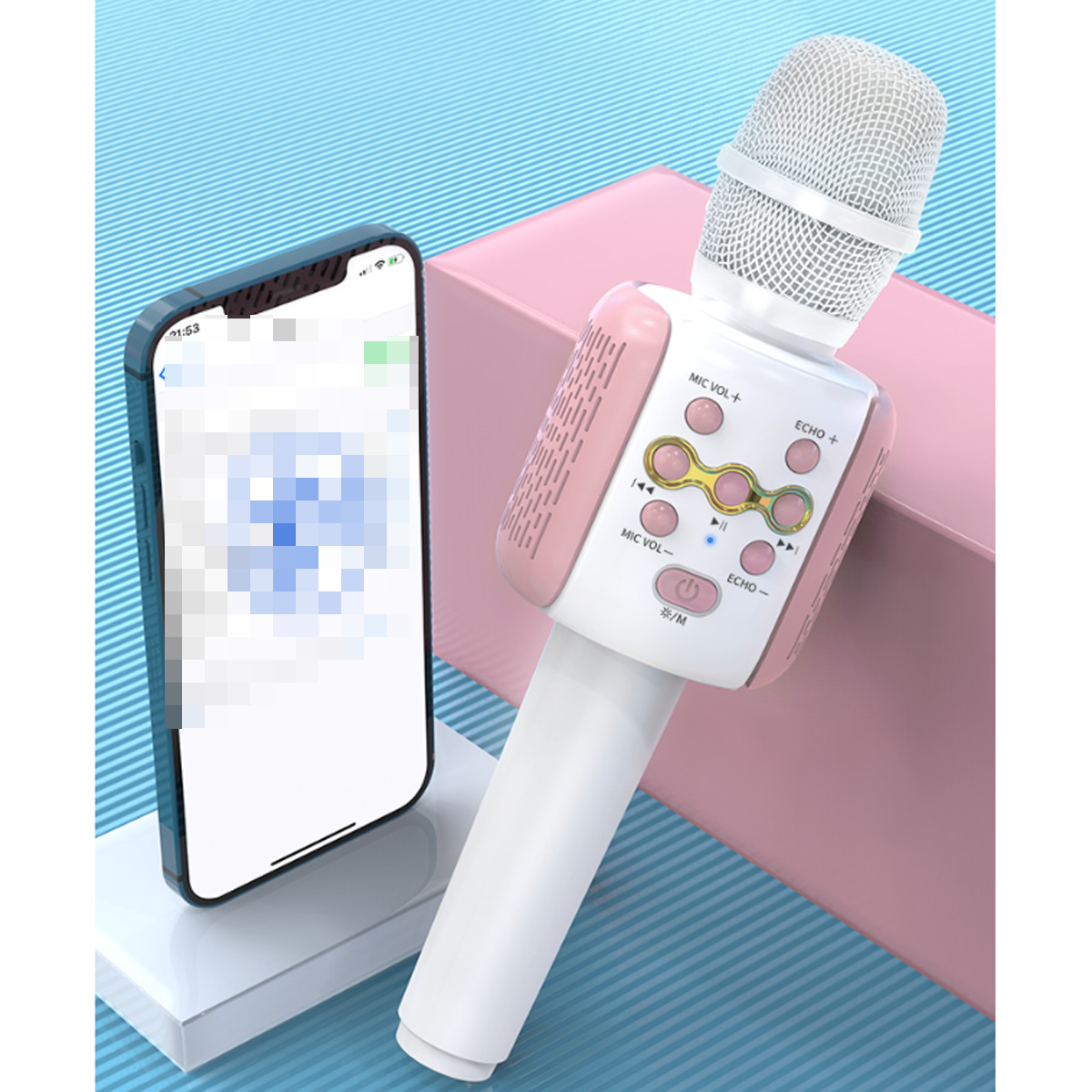 Rosa-weißes Karaoke-Mikrofon mit Knöpfen und Smartphone, das einen Bildschirm anzeigt.