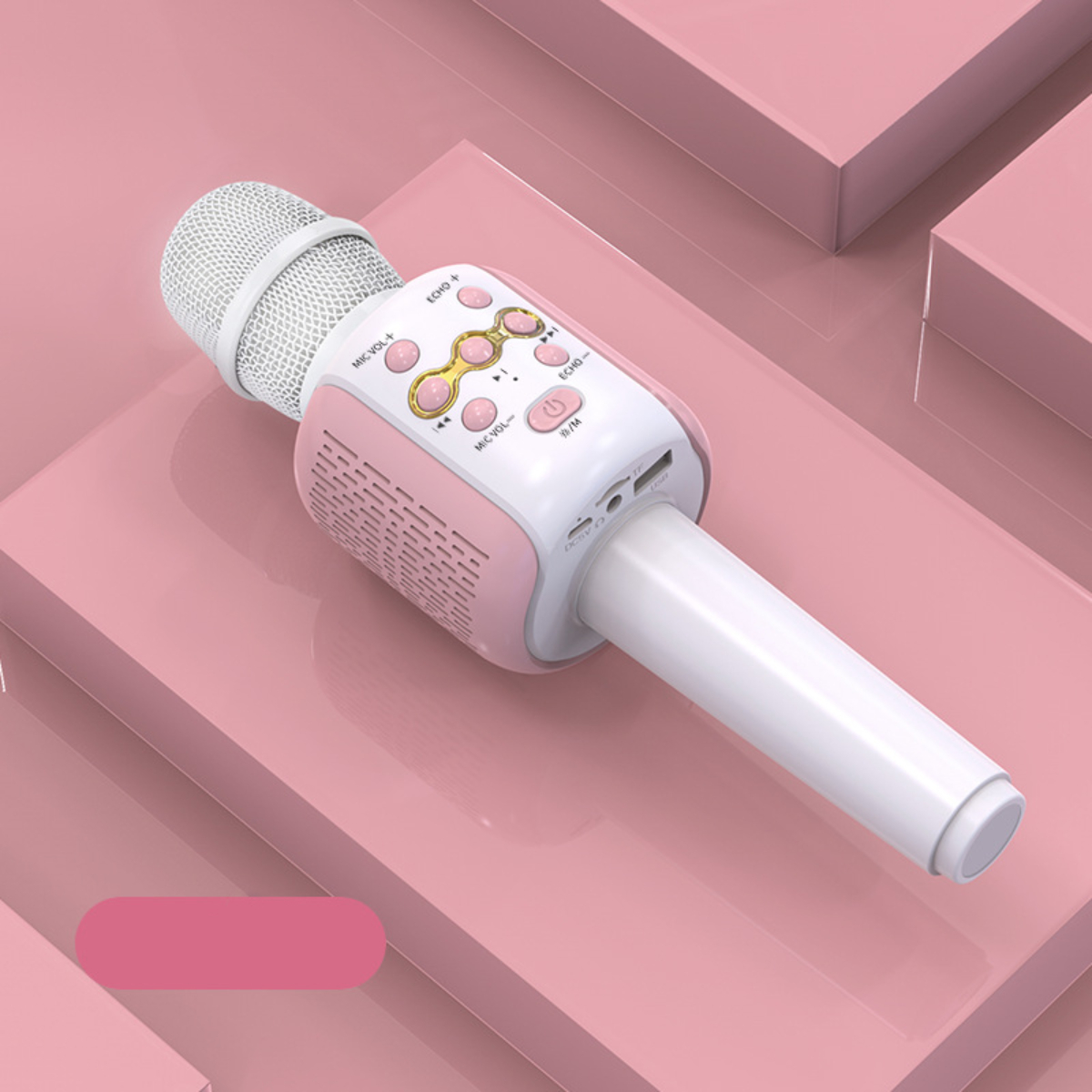 Ein pinkes und weißes Karaoke-Mikrofon auf einem pinken Ständer wird gezeigt.