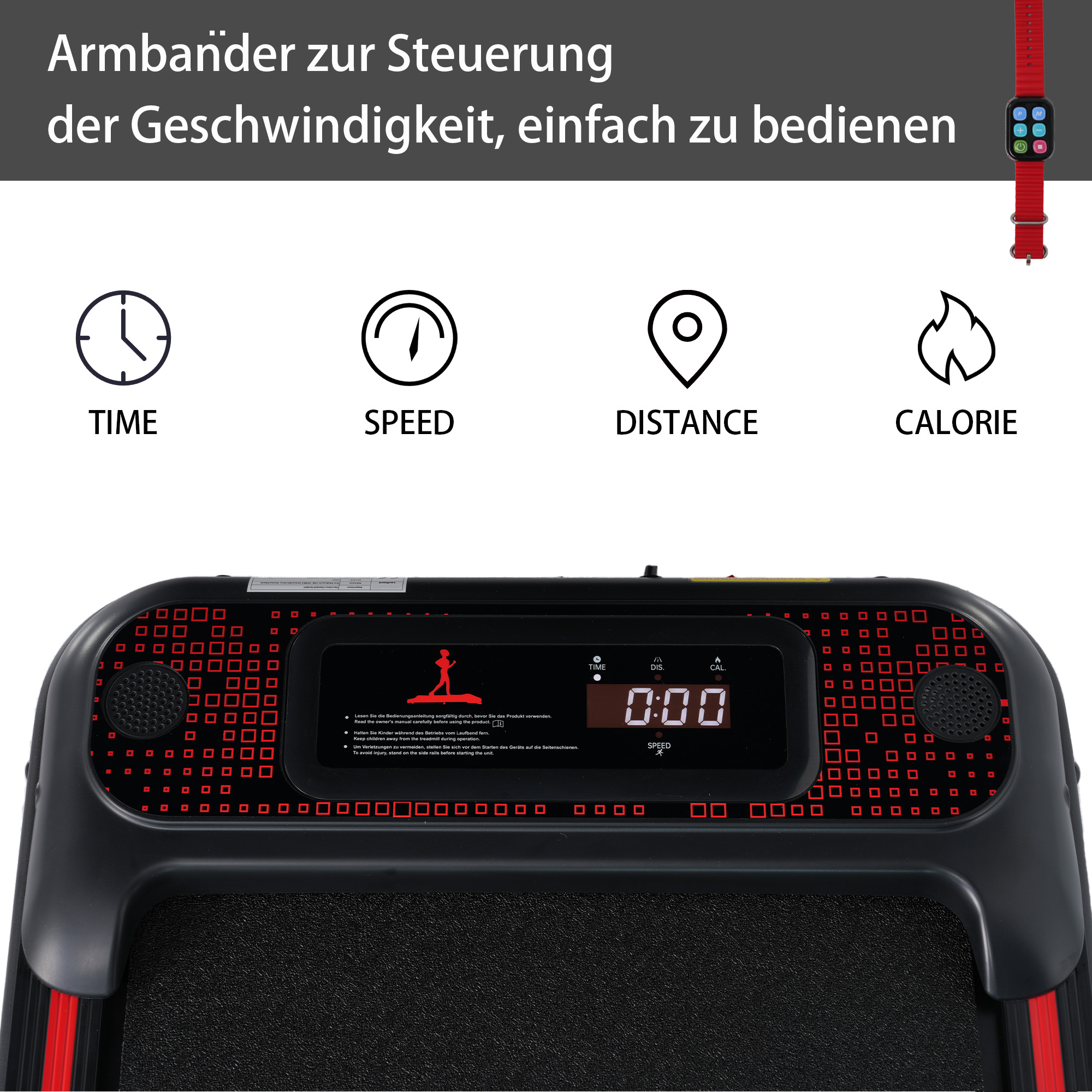 Laufband-Bedienfeld mit Zeit-, Geschwindigkeits-, Distanz- und Kalorienanzeigen.