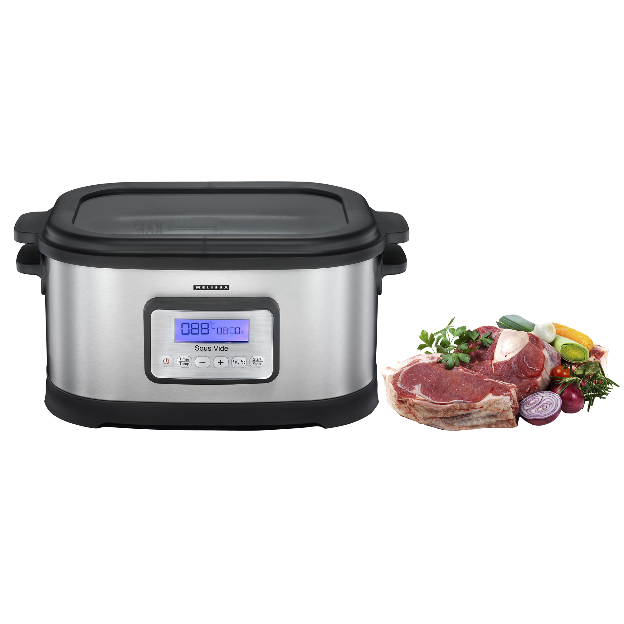 Srebrna kuchenka sous vide z wyświetlaczem oraz surowym mięsem i warzywami obok.