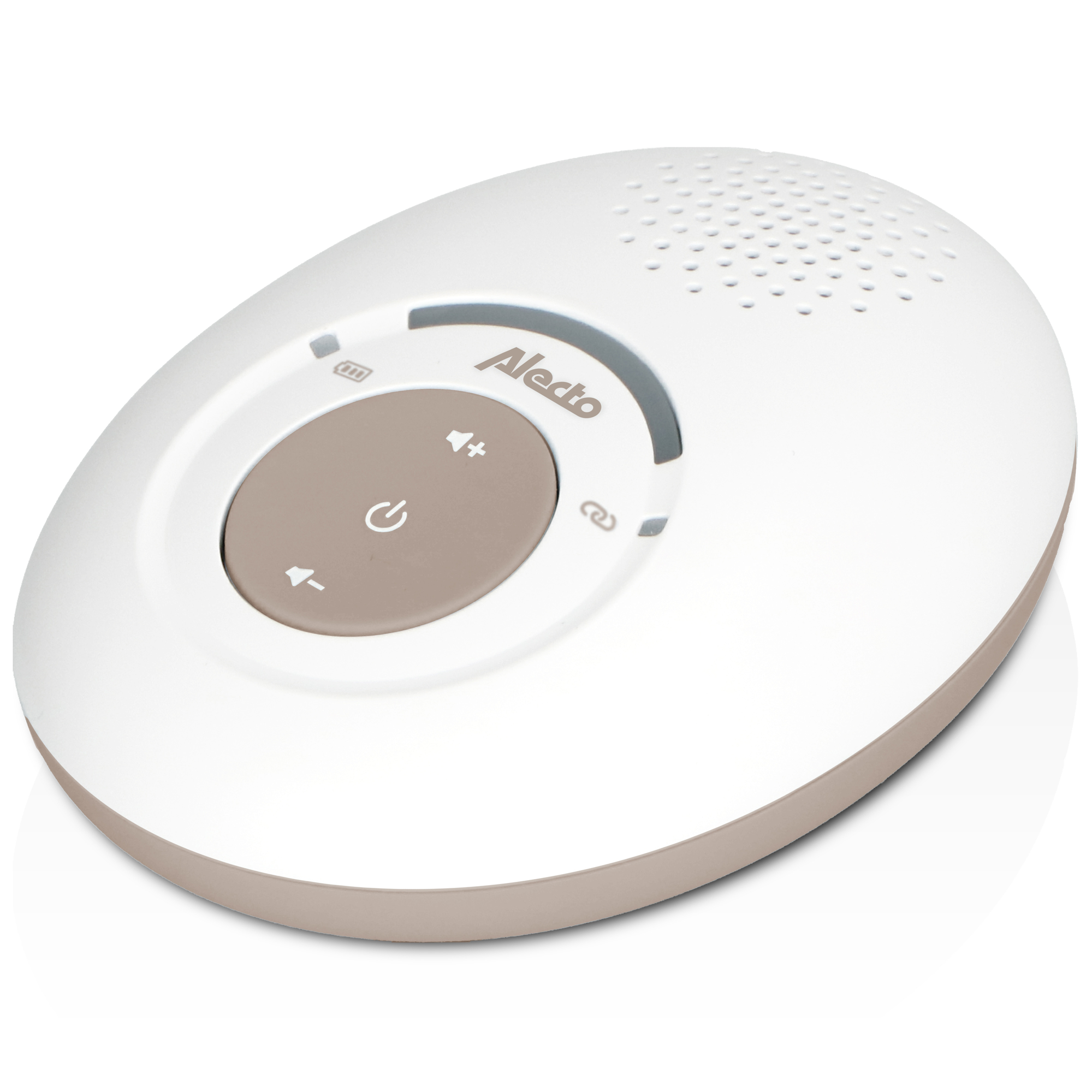 A white baby monitor with a brown button. It has a speaker and some indicator lights.