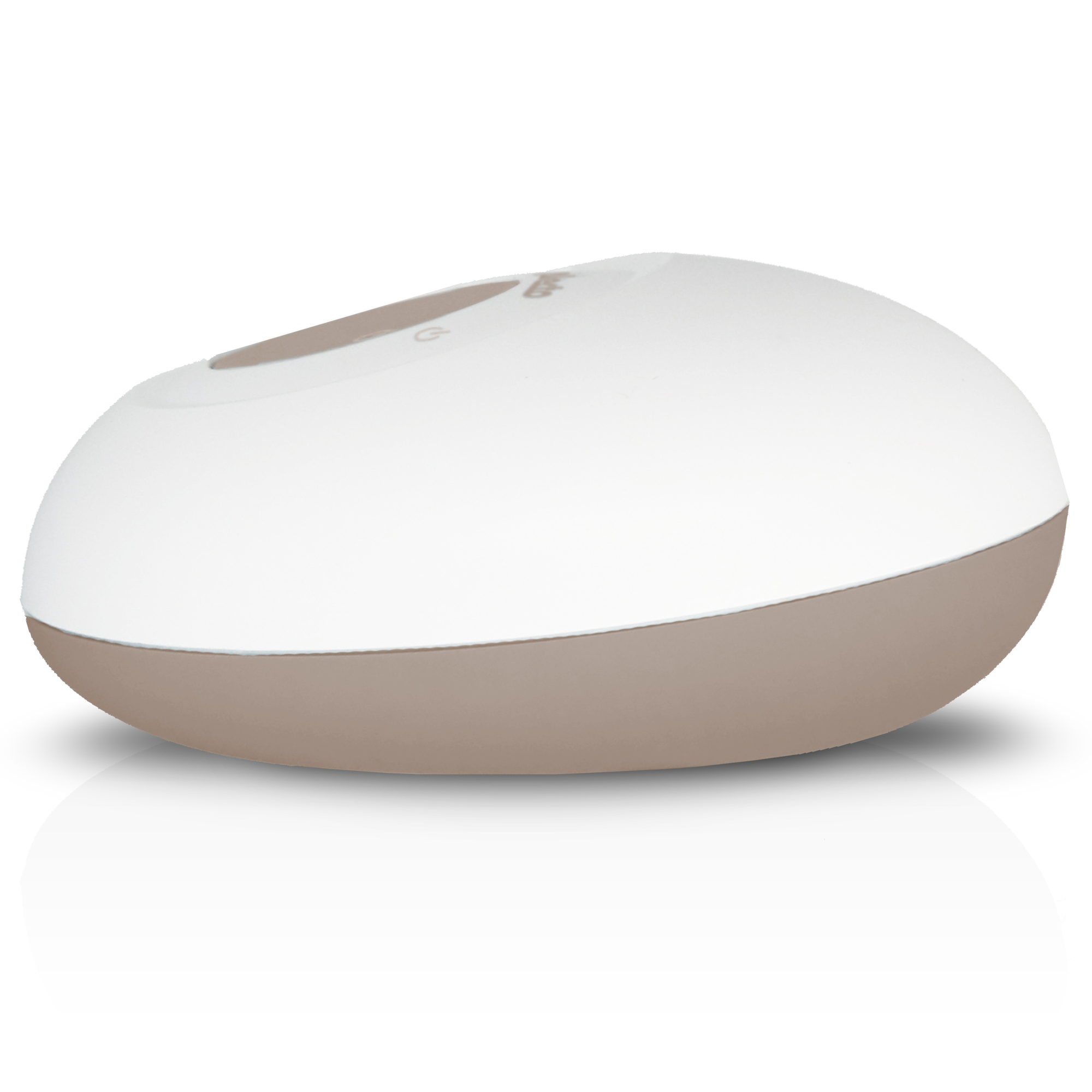 An oval-shaped white and brown device with a button on top.