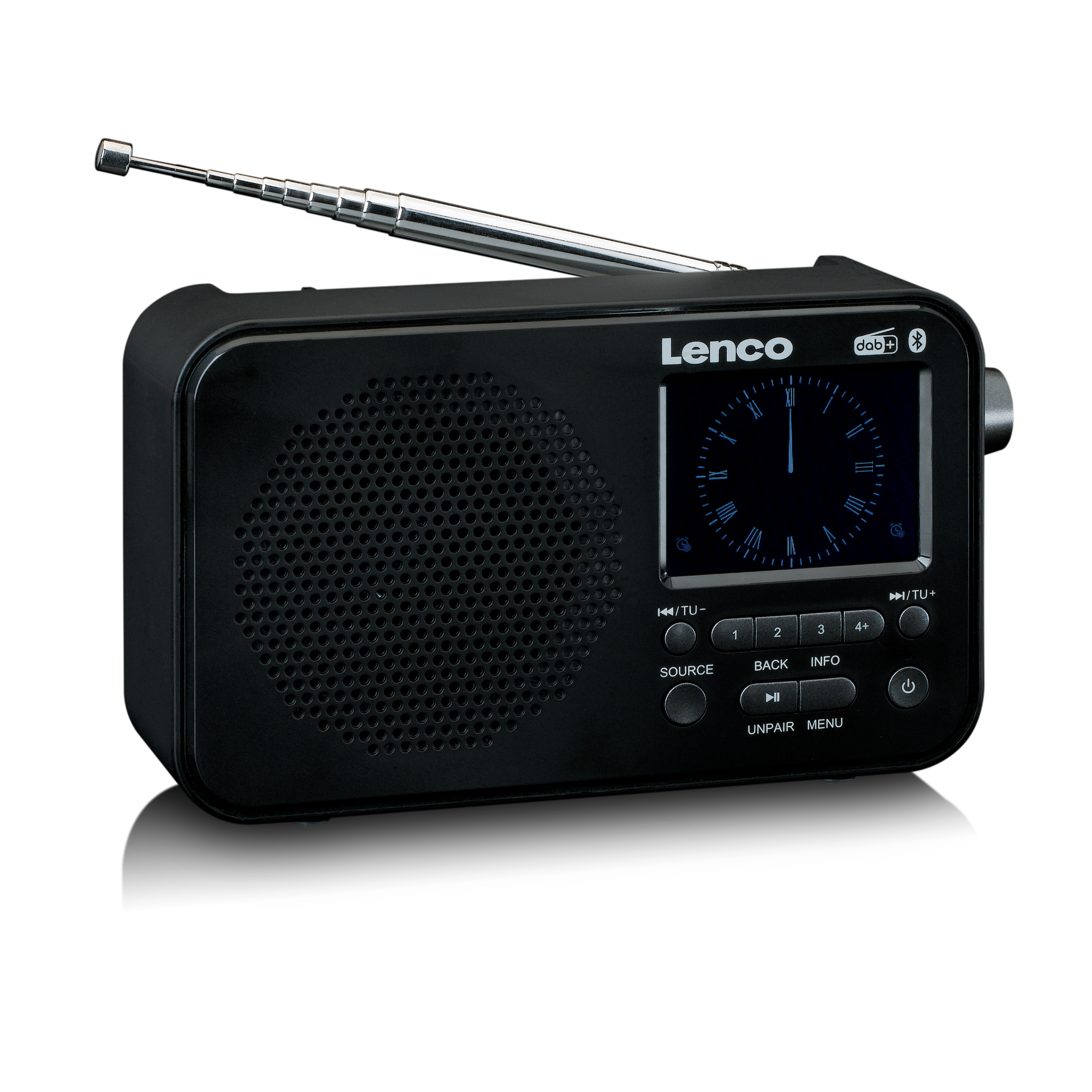 Radio Lenco noire avec antenne, écran et boutons sur surface blanche.