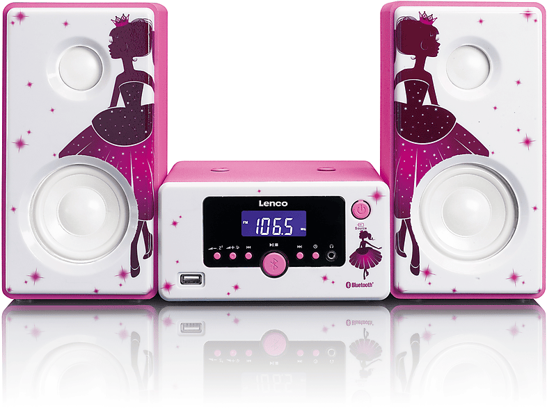 LENCO MC-020 Princess - Mikro Stereoanlage mit Radio, Bluetooth®, USB und AUX-Eingang - Radio, FM, FM, Bluetooth, Weiß-Pink