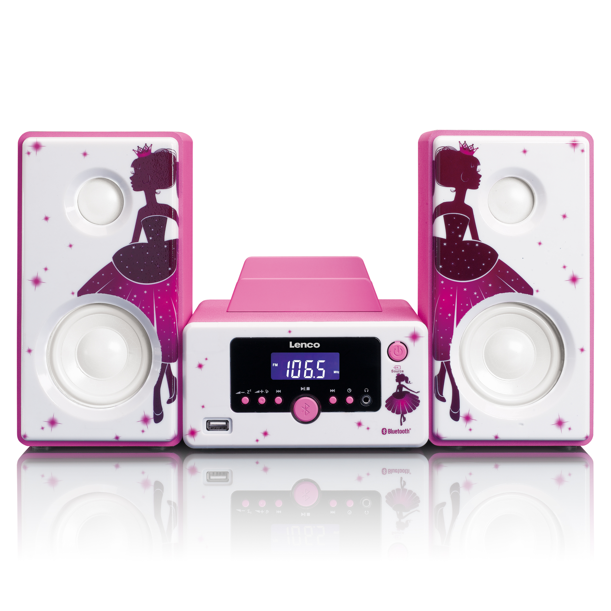 LENCO MC-020 Mikro und Radio, Bluetooth, Weiß-Pink USB Radio, mit - FM, Princess AUX-Eingang FM, - Bluetooth®, Stereoanlage