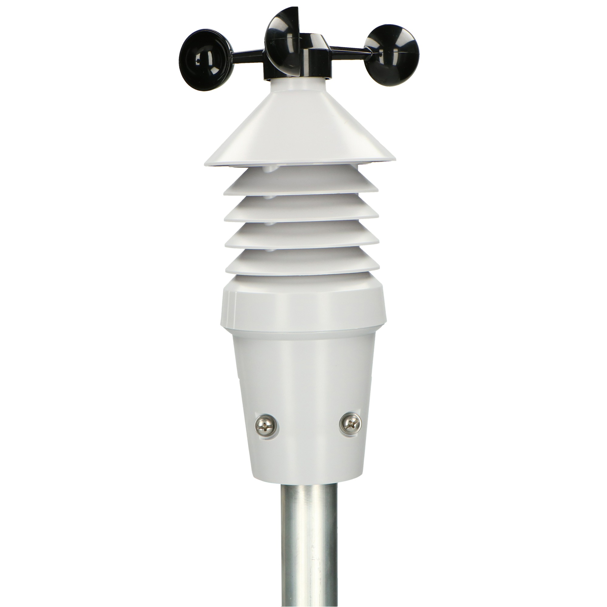 Anemometr na białym tle. Ma czarne kubeczki i biały korpus z płetwami.