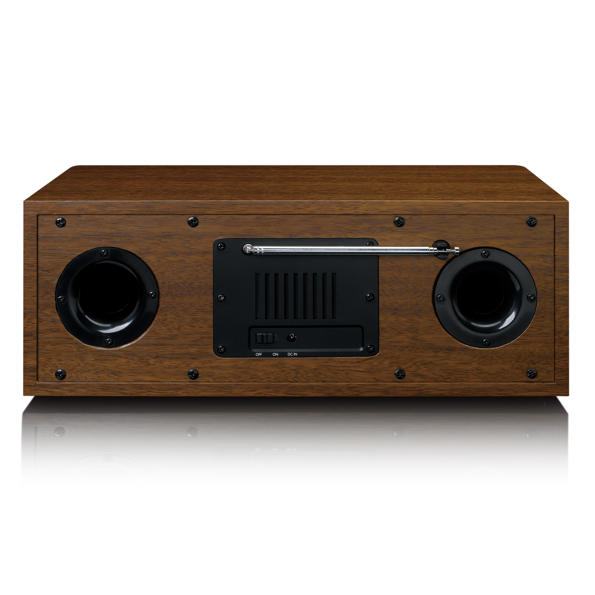Una radio vintage in legno marrone con due altoparlanti e un'antenna metallica sul retro.