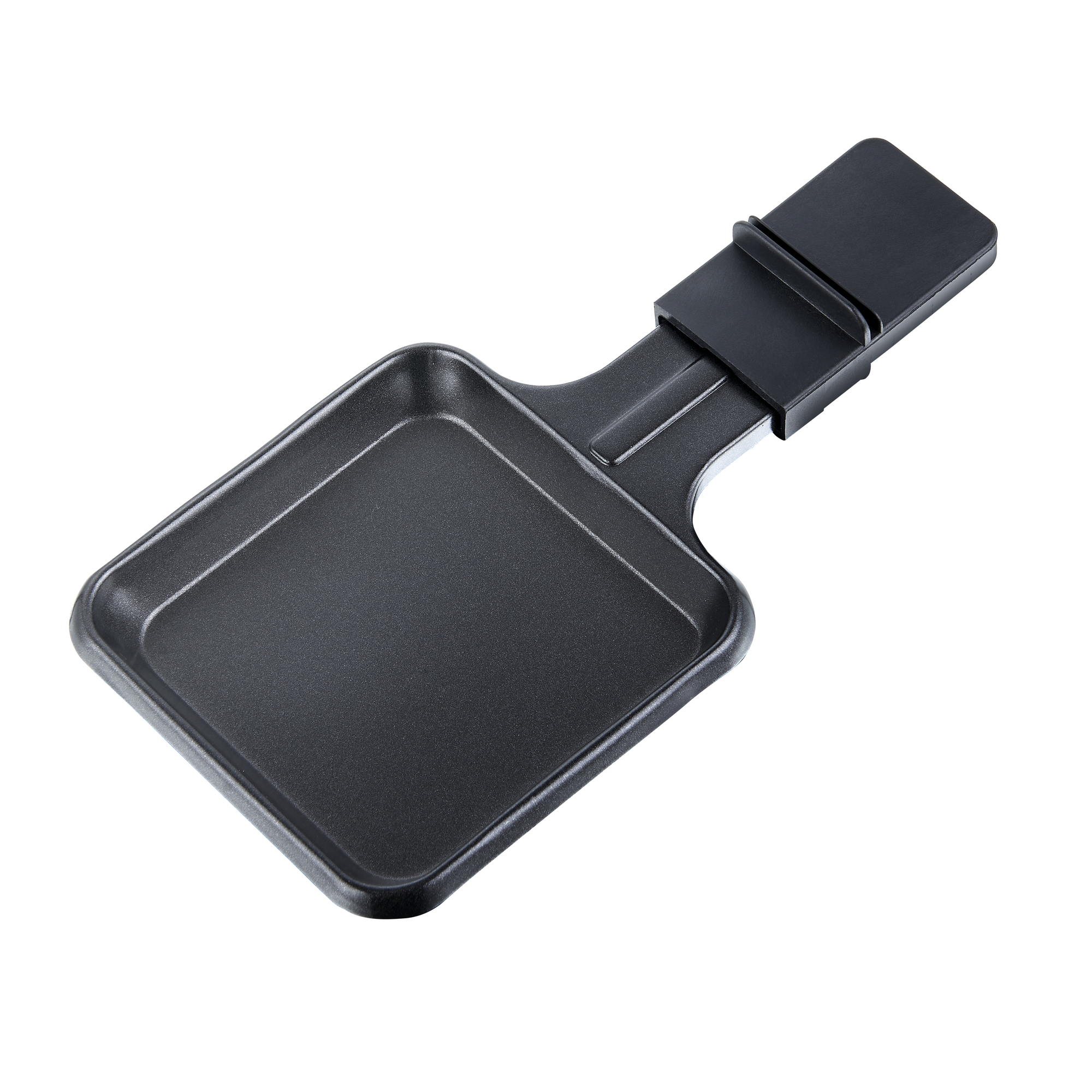 Czarna patelnia do raclette na białym tle. Ma uchwyt i powierzchnię do gotowania.