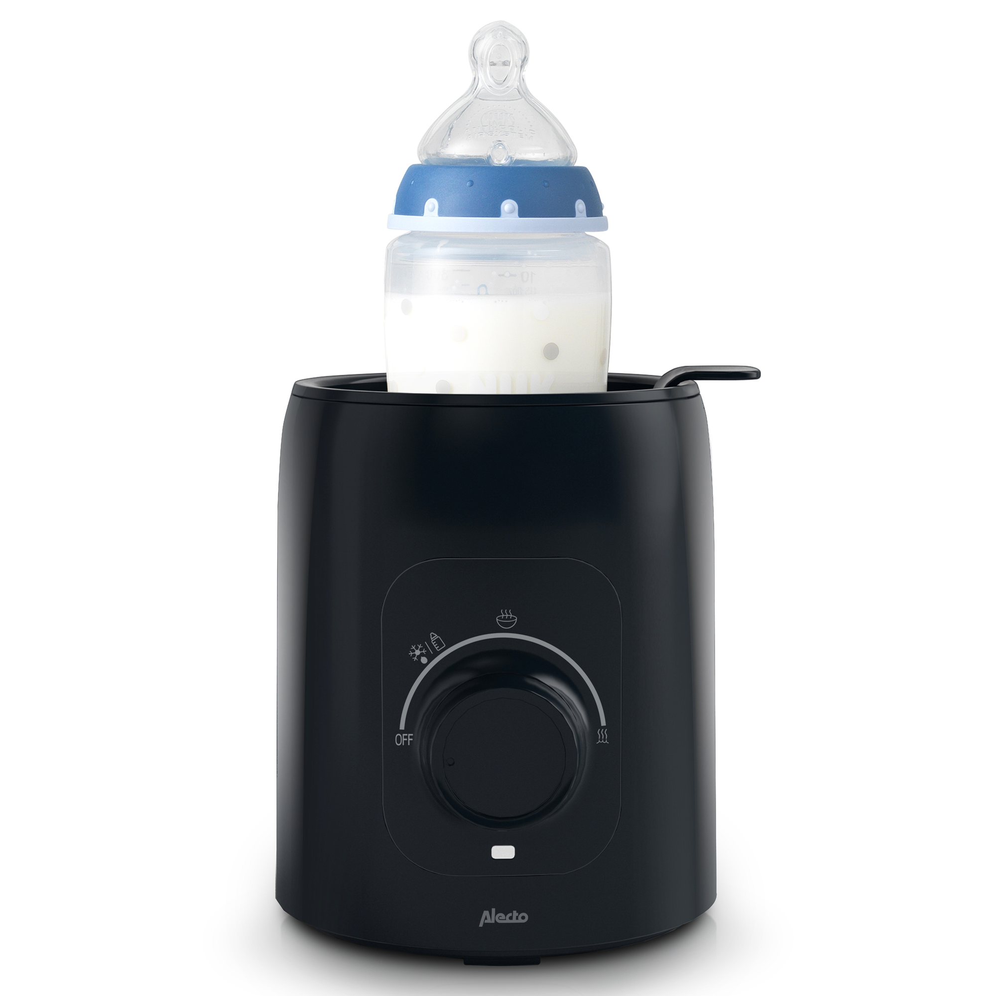 Schwarzer Babyflaschenwärmer mit einer Flasche darin; weißer Hintergrund.