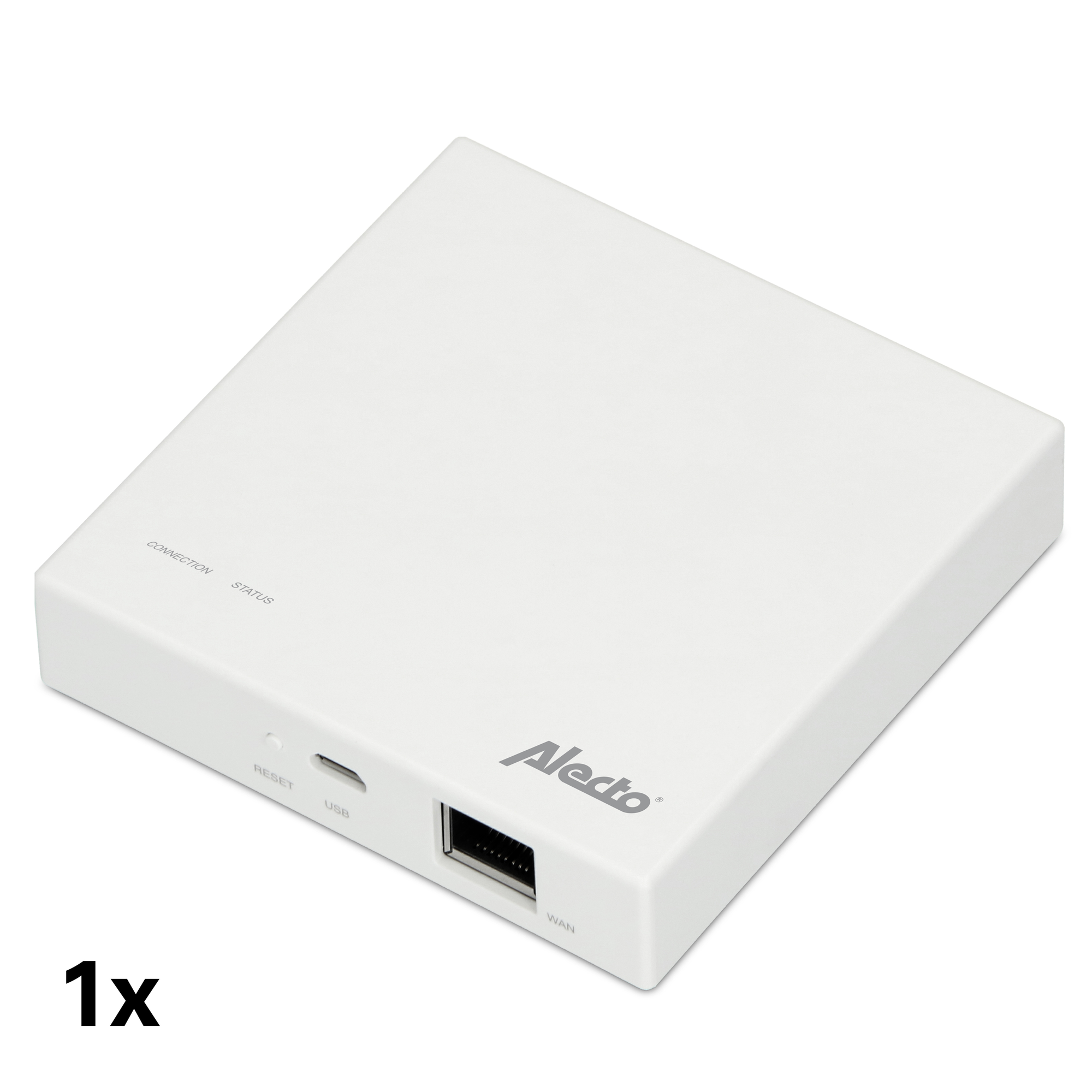 Weißer Router mit Alecto-Logo und Anschlüssen. Weißer Hintergrund.