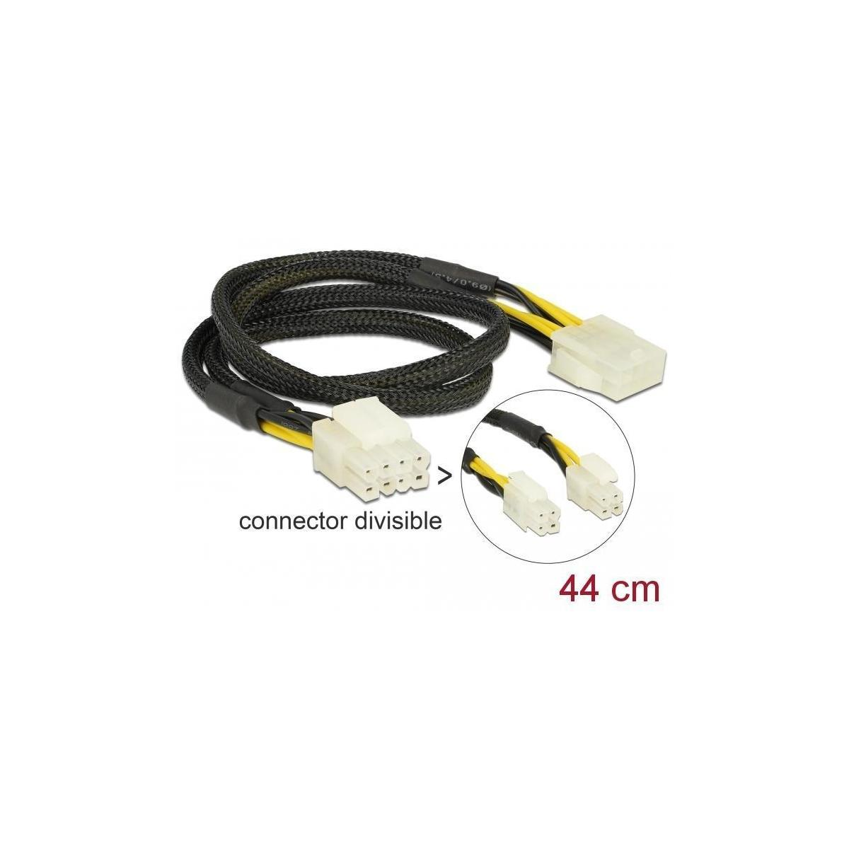 Cavo di alimentazione PC nero e giallo. Ha due connettori. Isolato su sfondo bianco, etichettato con '44 cm'.