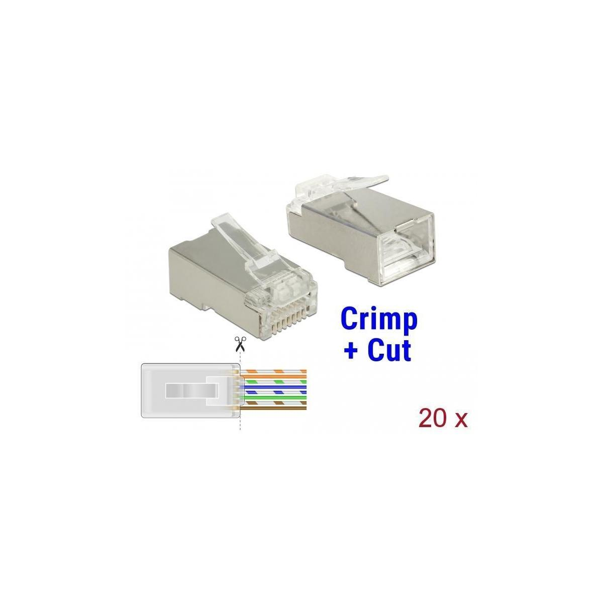Crimp- und Cut-RJ45-Anschlüsse mit Kabel und Text auf weißem Hintergrund.