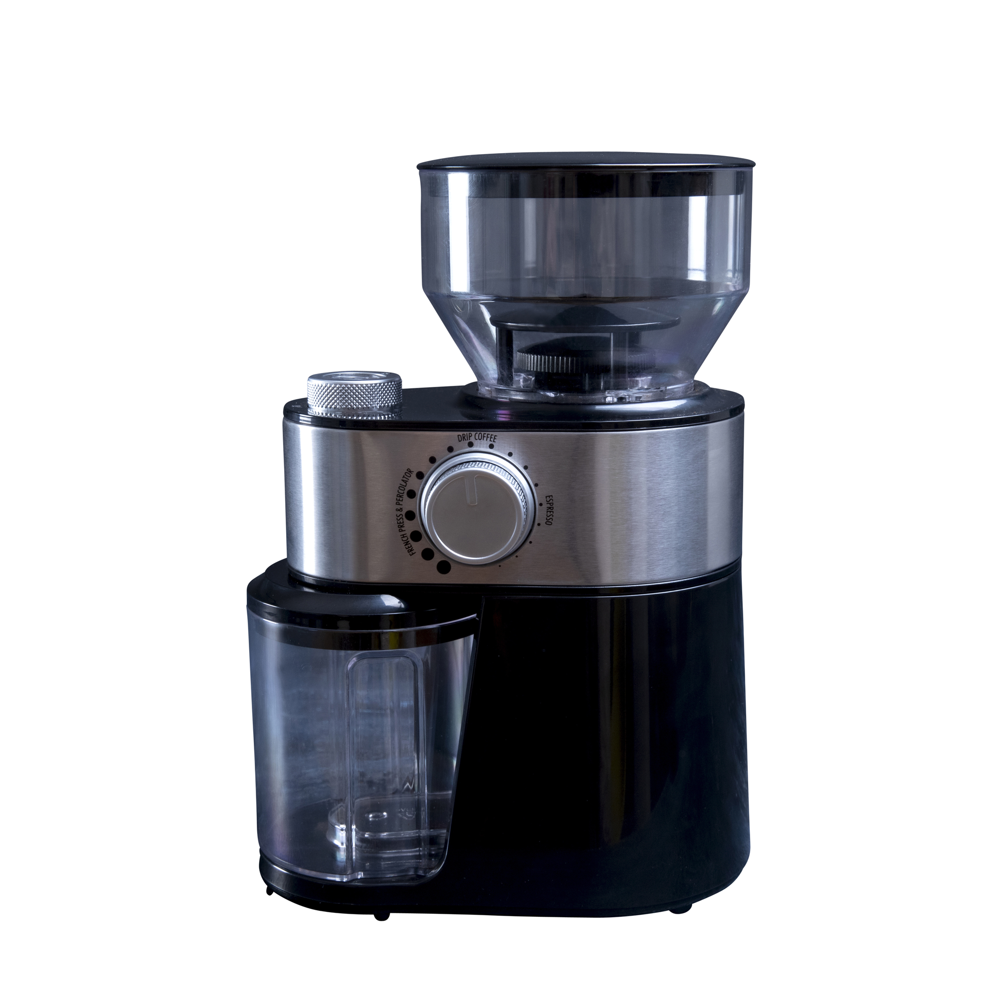 Młynek do kawy na białym tle. Stal nierdzewna i czarny z przezroczystym pojemnikiem.