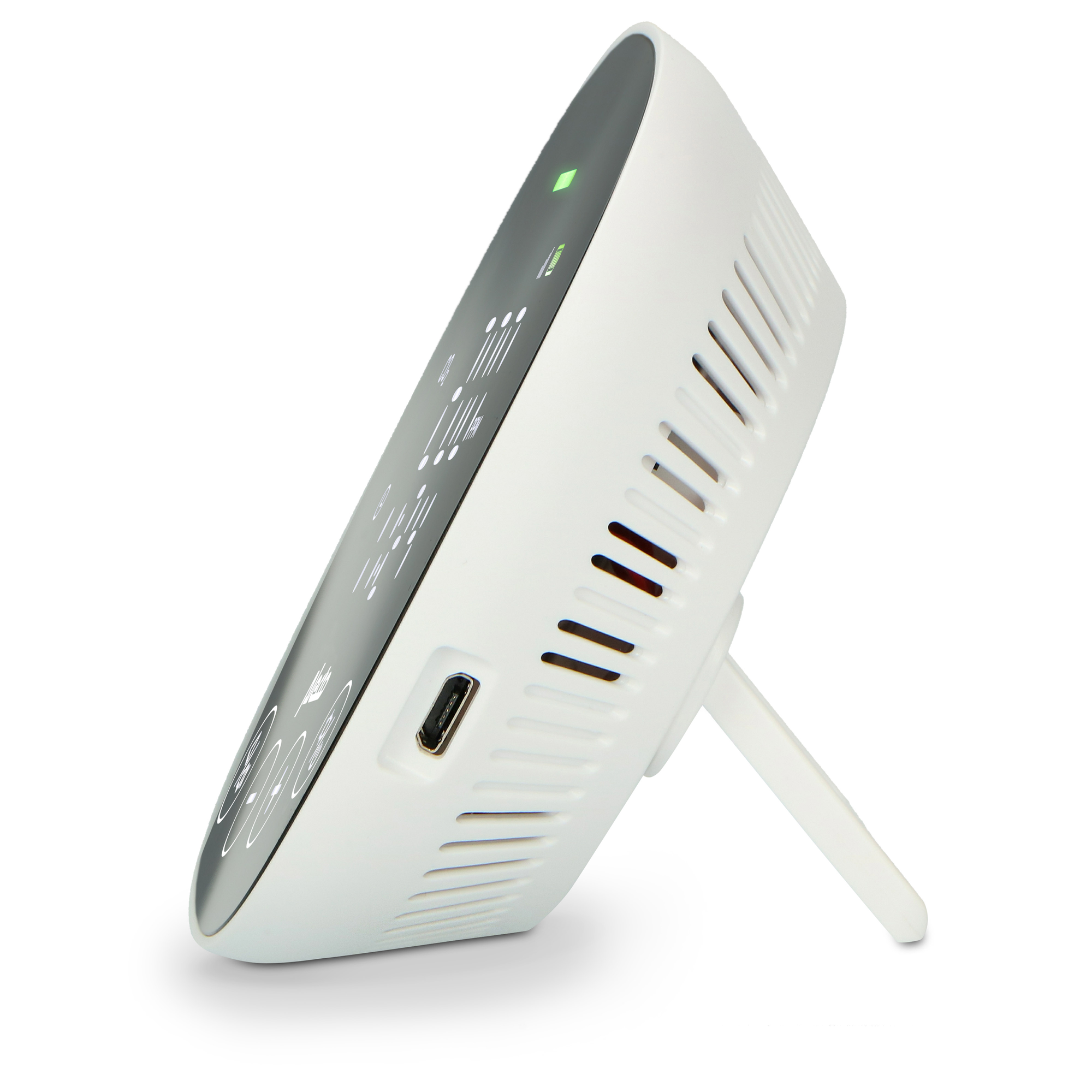 Ein weißes Gerät mit einem Bildschirm, der auf einem Ständer abgewinkelt ist. Es hat einen USB-Anschluss.