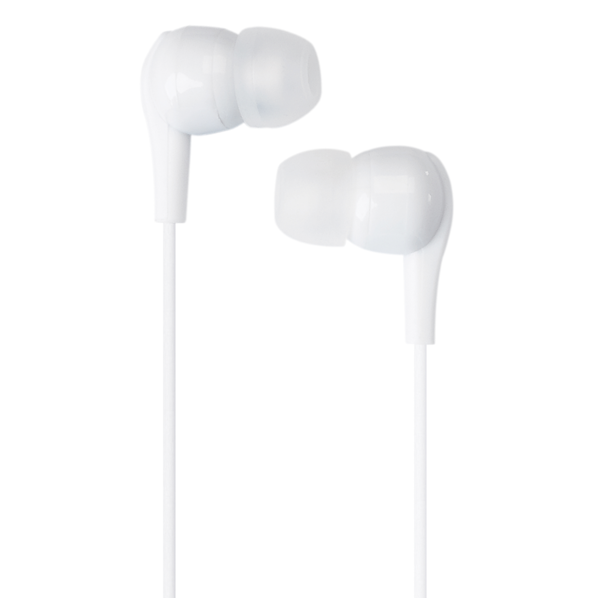 Para białych słuchawek na białym tle.