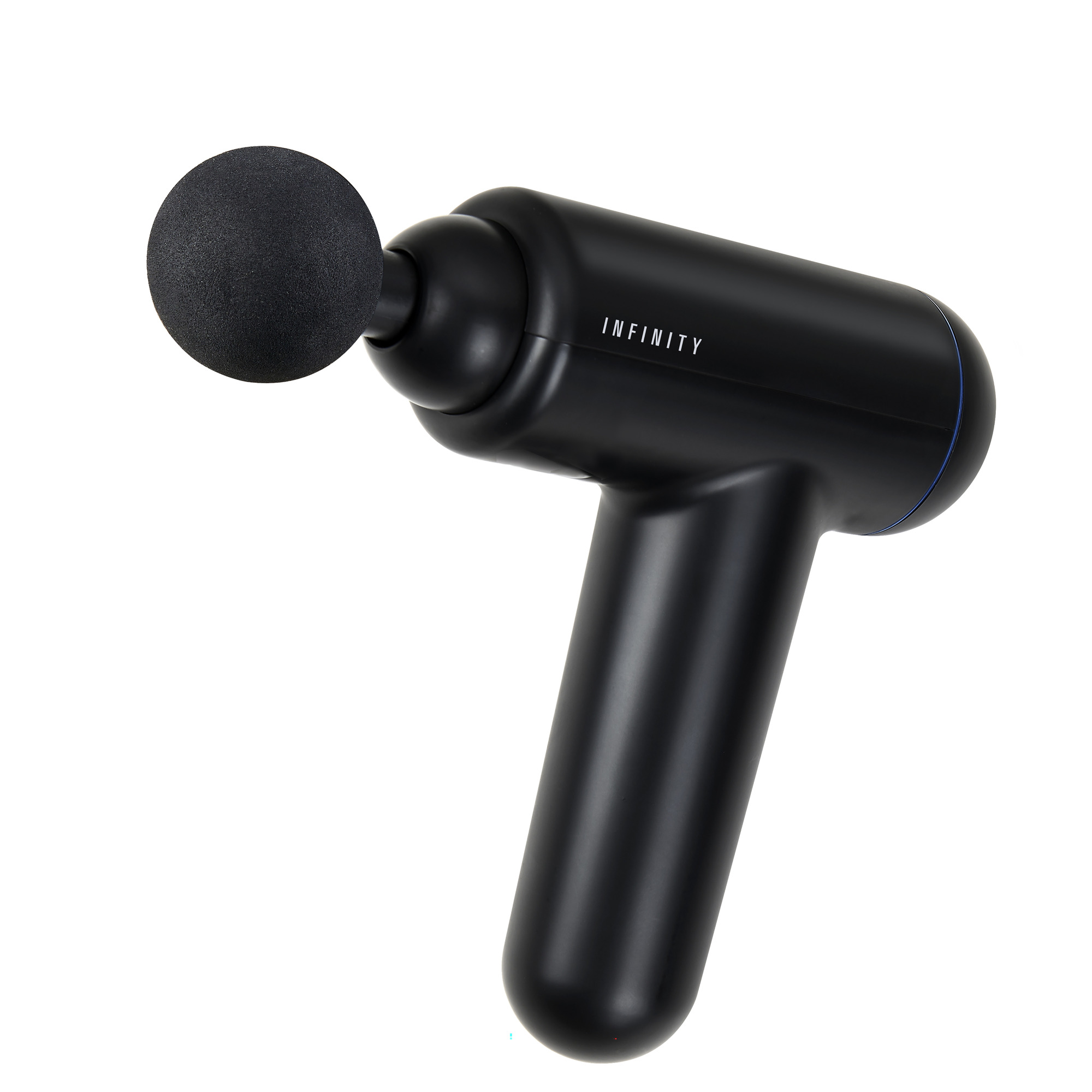Czarny pistolet do masażu z zaokrągloną głowicą. Urządzenie z nazwą marki 'INFINITY'.