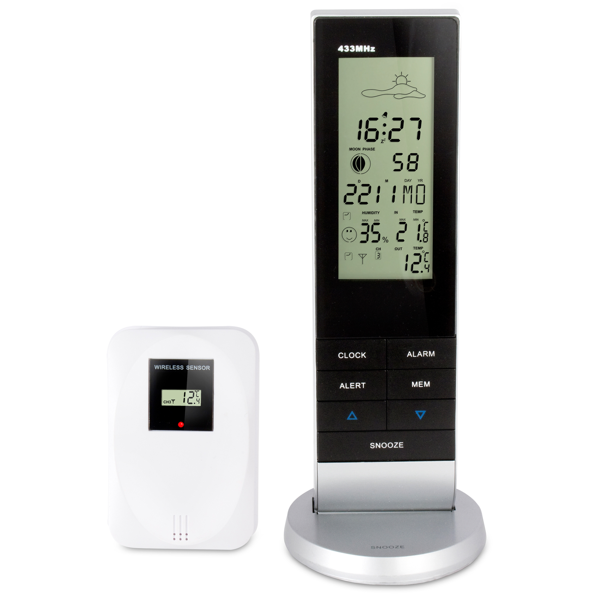 Digitale Wetterstation mit weißem Sensor. Das Display zeigt Zeit, Mondphase, Luftfeuchtigkeit und Temperatur an.