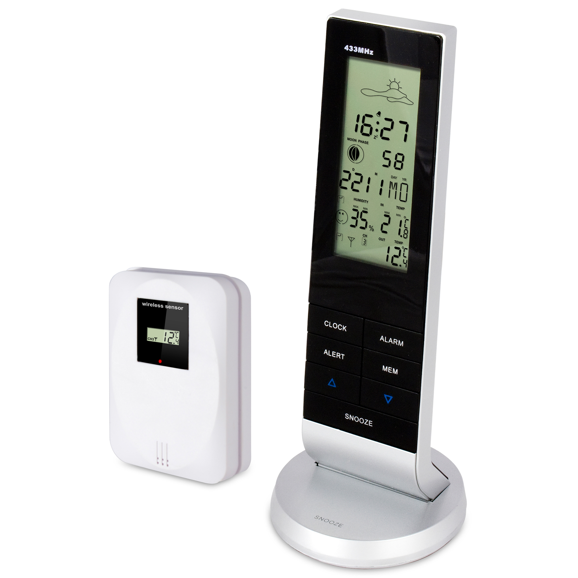 Drahtlose Wetterstation mit weißem Sensor und schwarzem Display mit Zeit- und Wetterdaten.