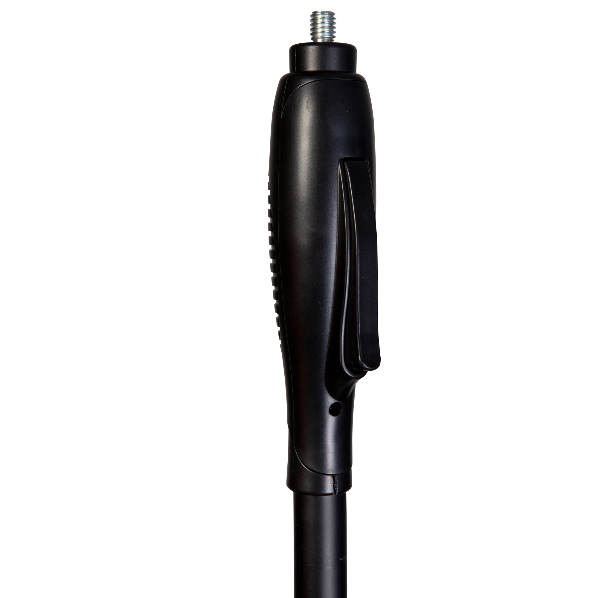 Black, cylindrical device with a threaded top and a clip, against white background.