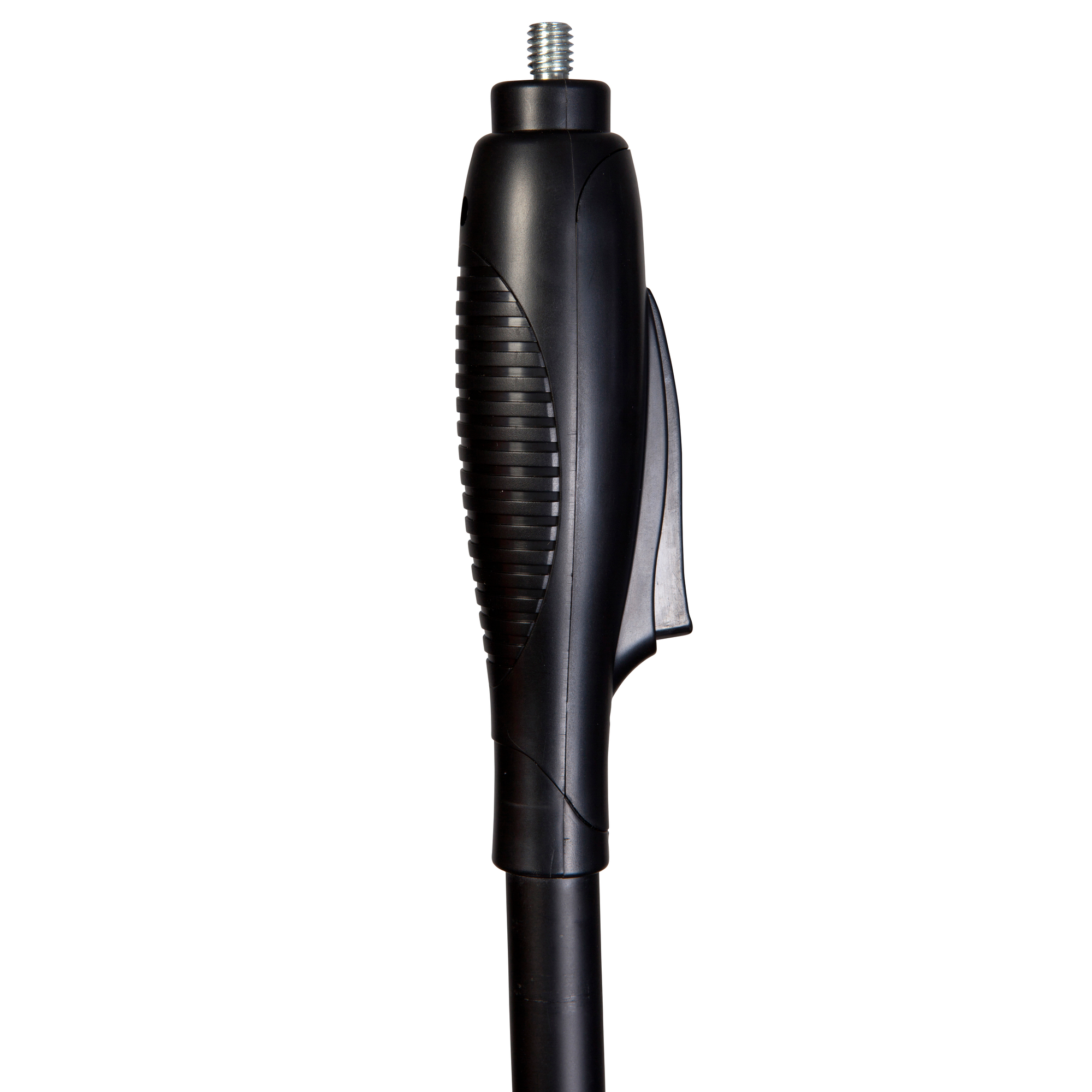 Black metal tripod extension rod. The top has a screw, and the bottom is a rod. White background.
