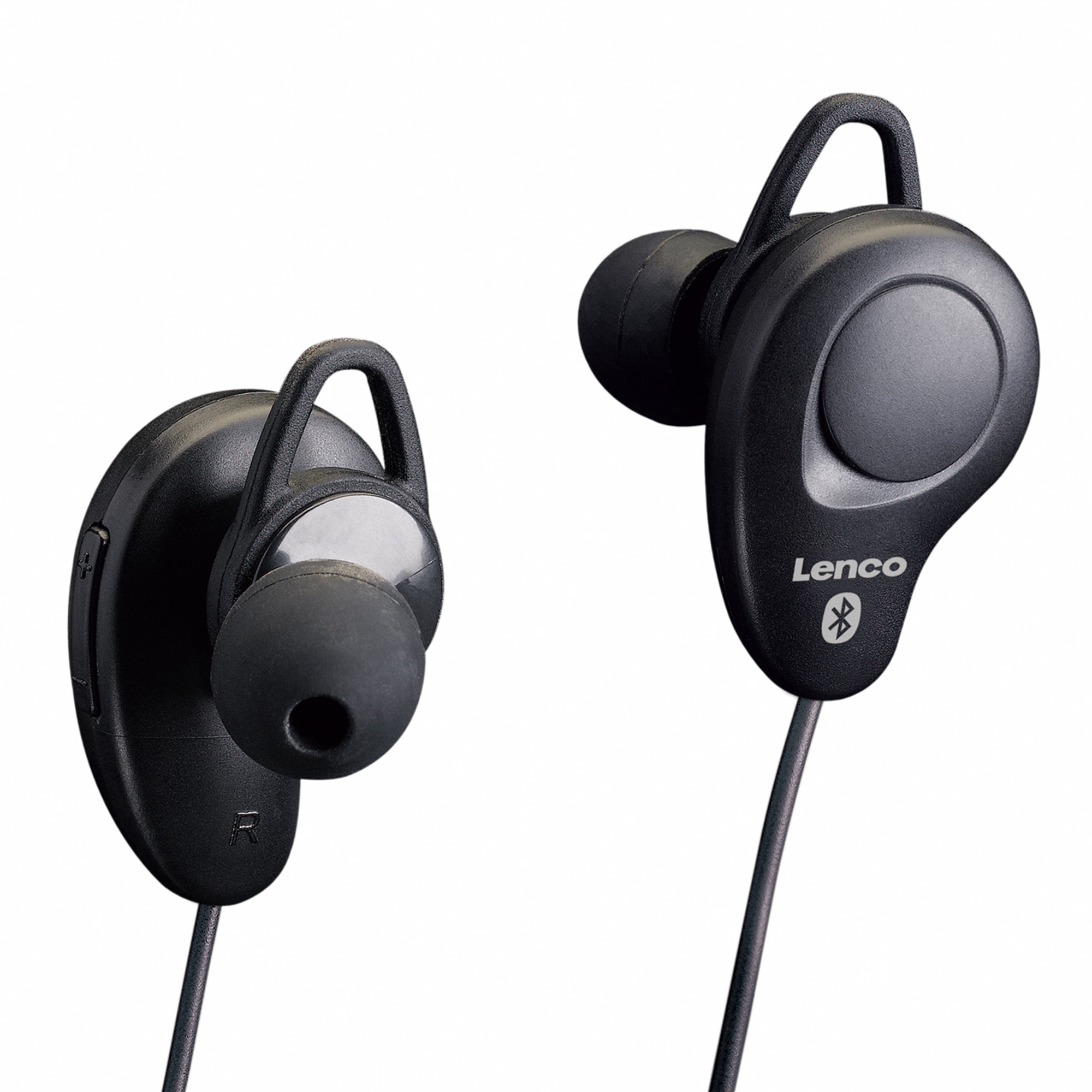 Schwarze In-Ear-Kopfhörer mit Lenco-Logo und Verbindungskabel.