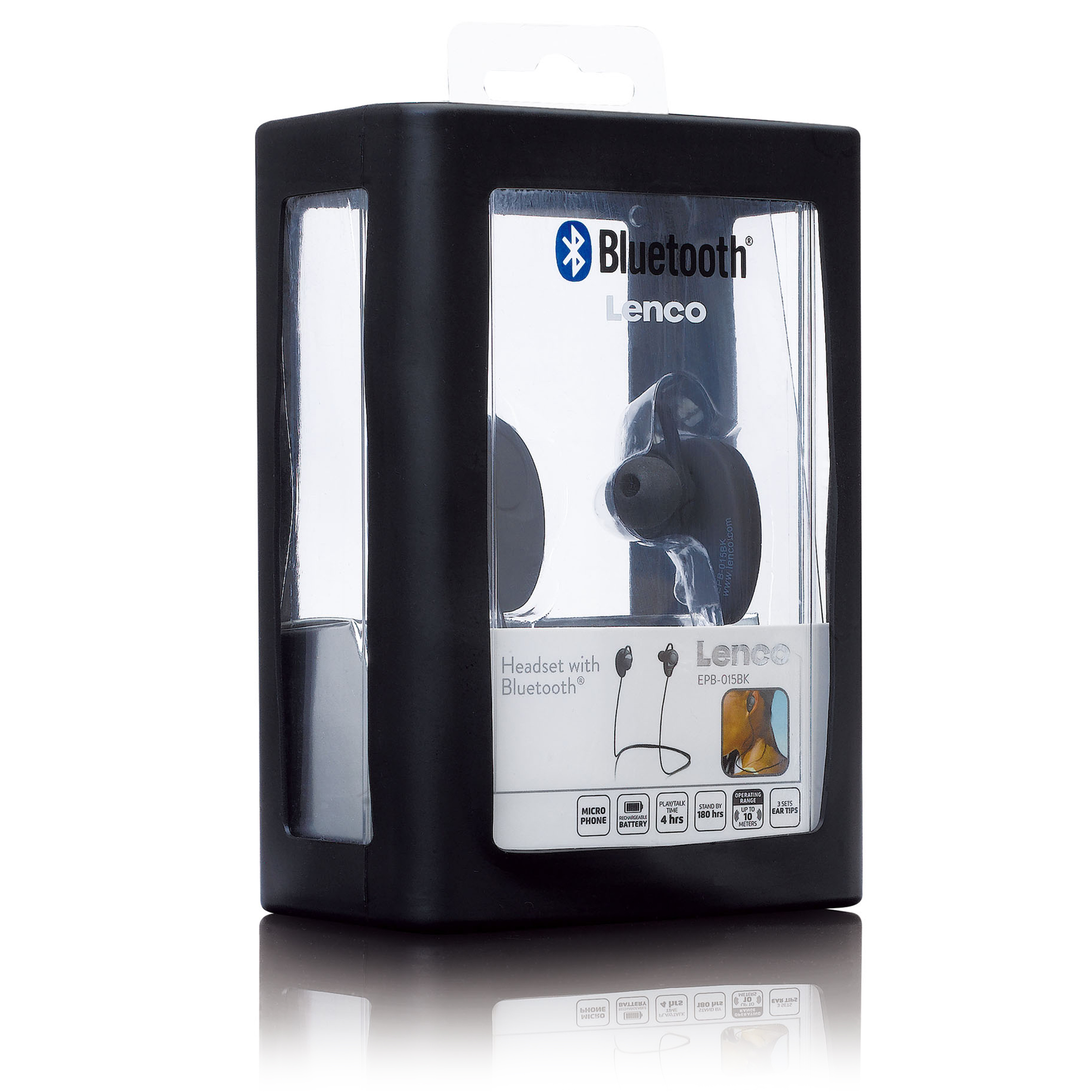 Schwarzes Headset mit Bluetooth, in einer schwarzen Box.