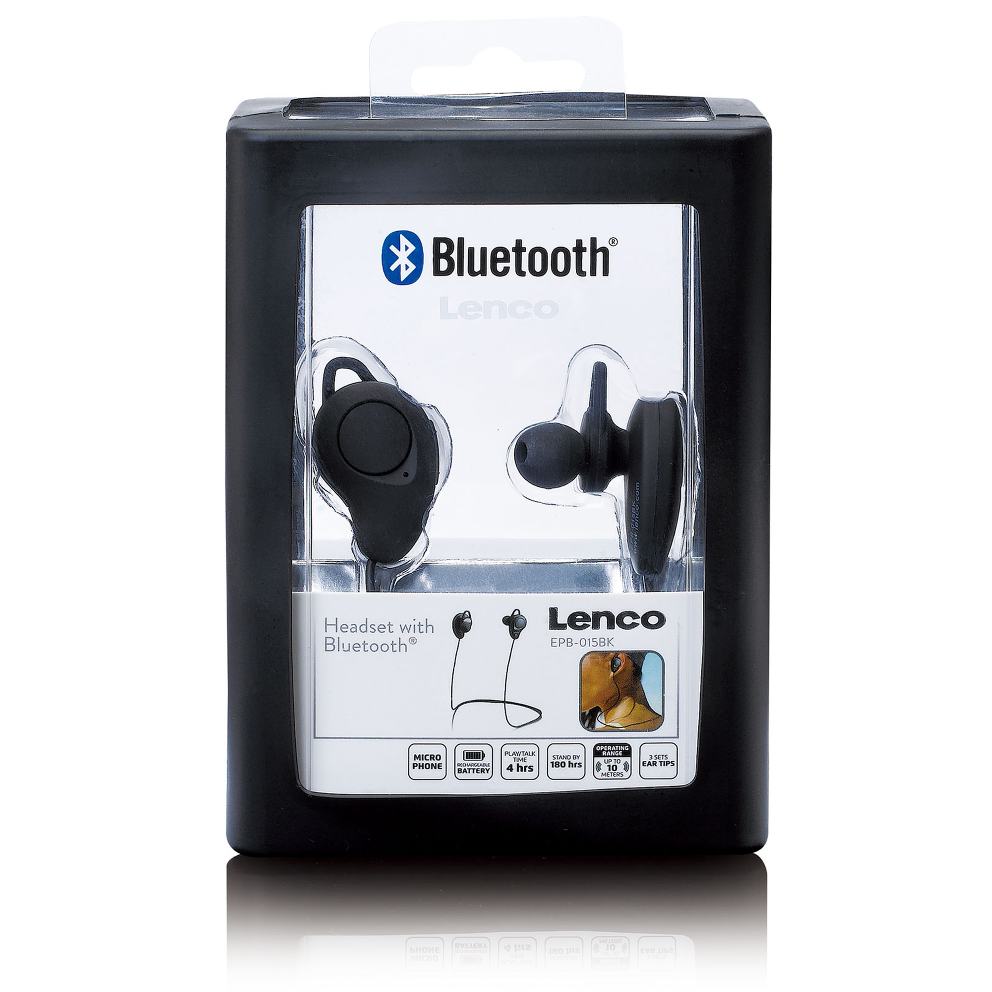 Headset mit Bluetooth in schwarzer Verpackung, mit Ohrstöpseln.
