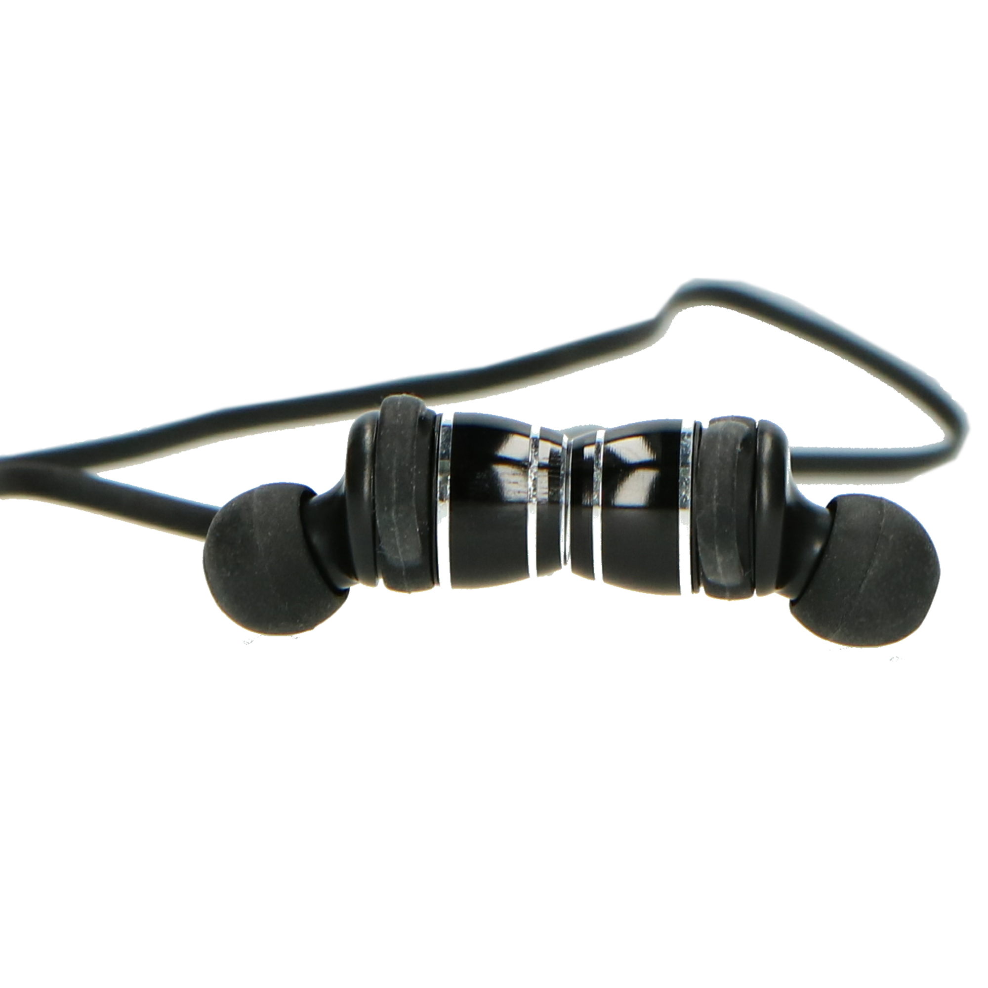 Schwarze Ohrhörer mit schwarzem Kabel. Der Mittelteil ist schwarz und silber.