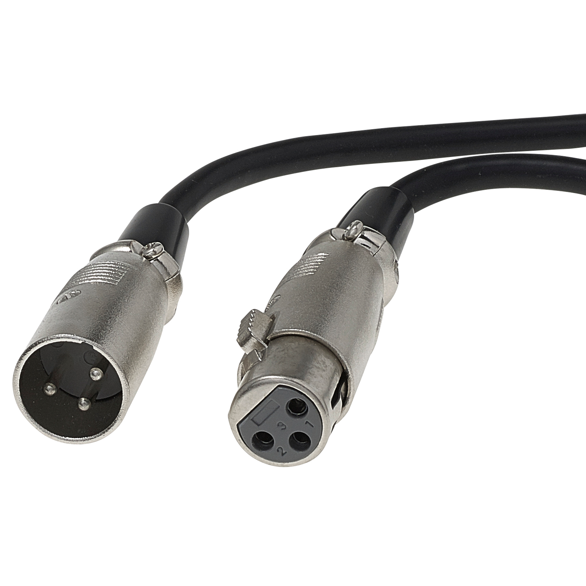 Twee zwarte XLR-connectoren met zilveren metalen uiteinden, op een witte achtergrond.