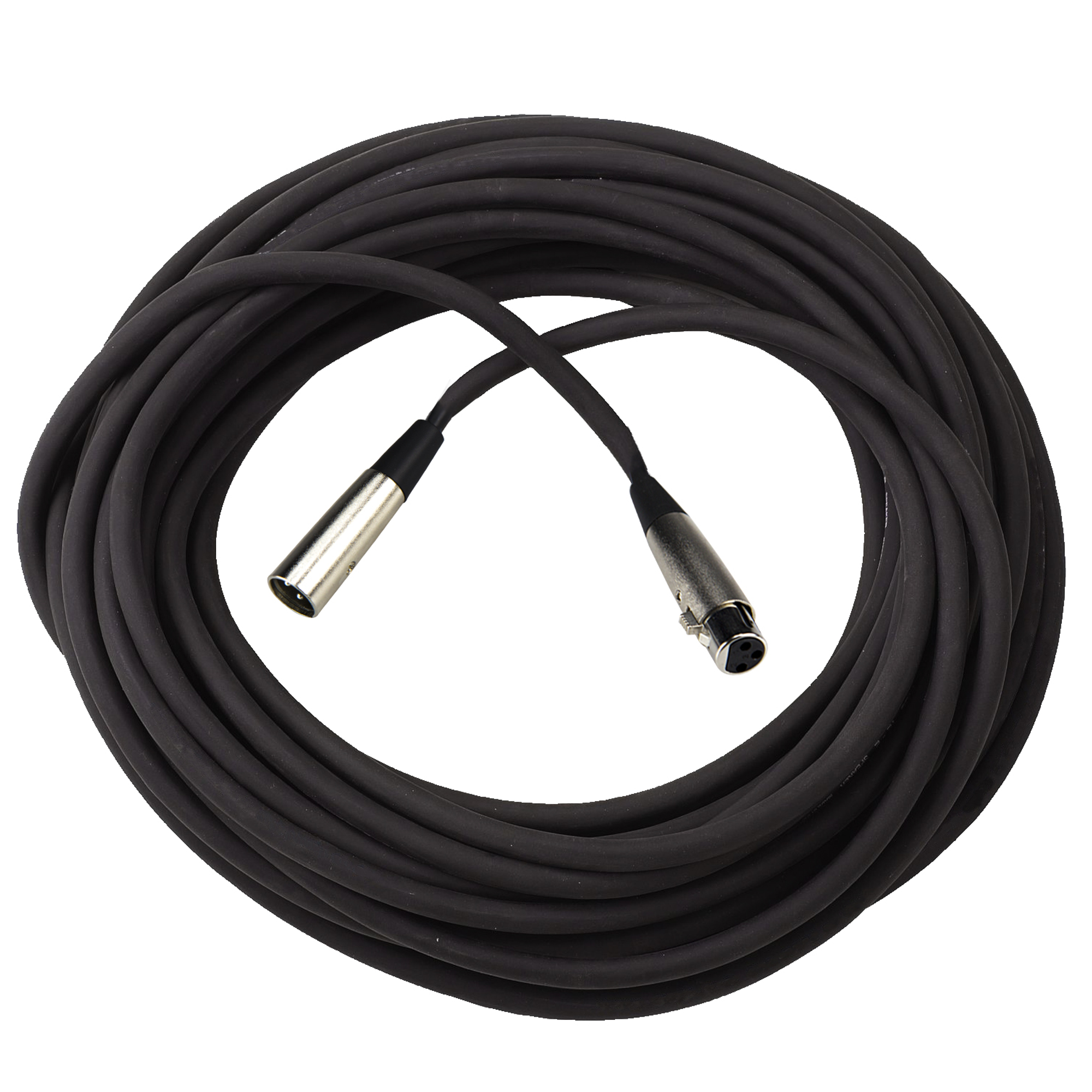 Zwarte, opgerolde audiokabel met zilveren connectoren aan elk uiteinde, tegen een witte achtergrond.