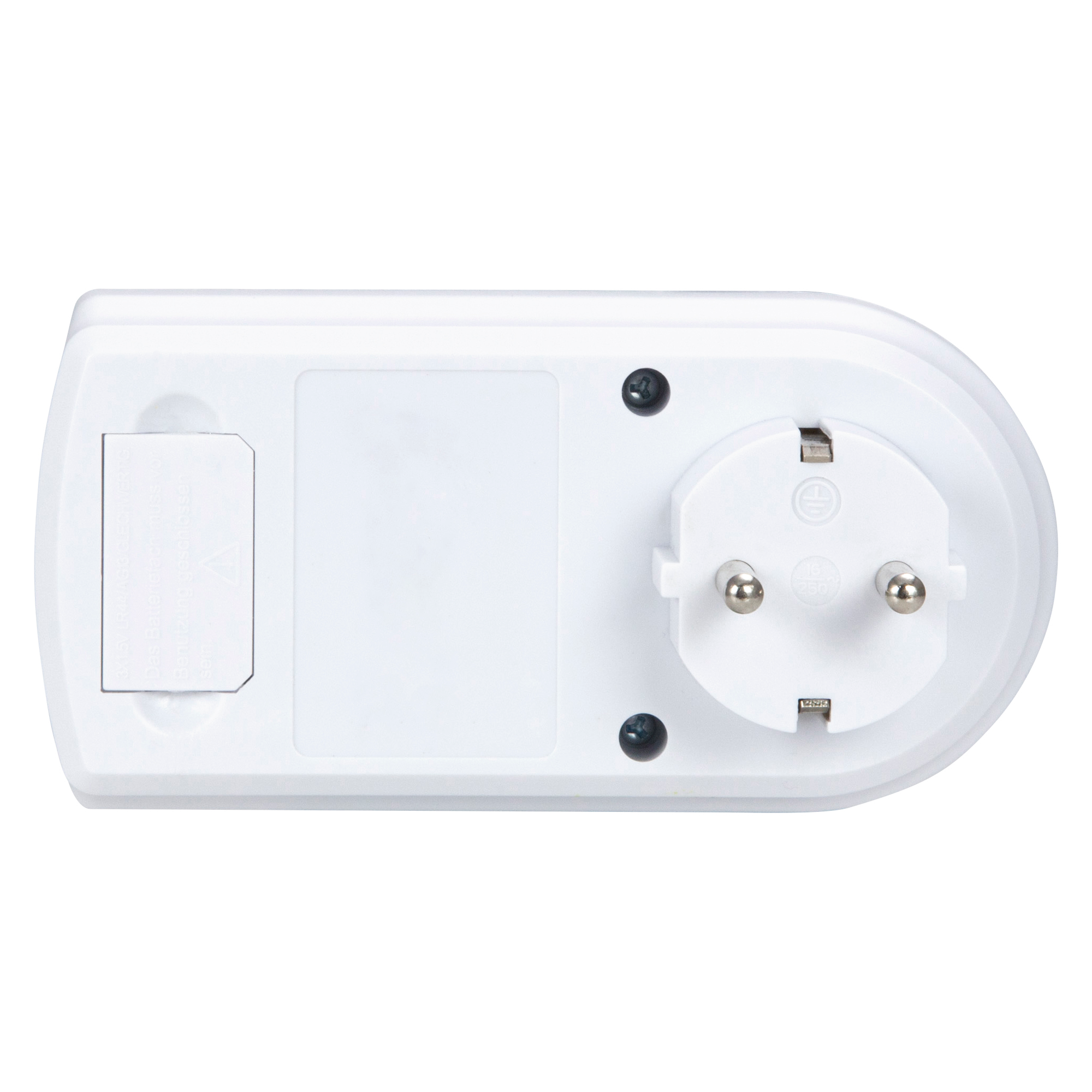 Ein weißer Steckeradapter mit einem europäischen Stecker und einem kleinen Fach.