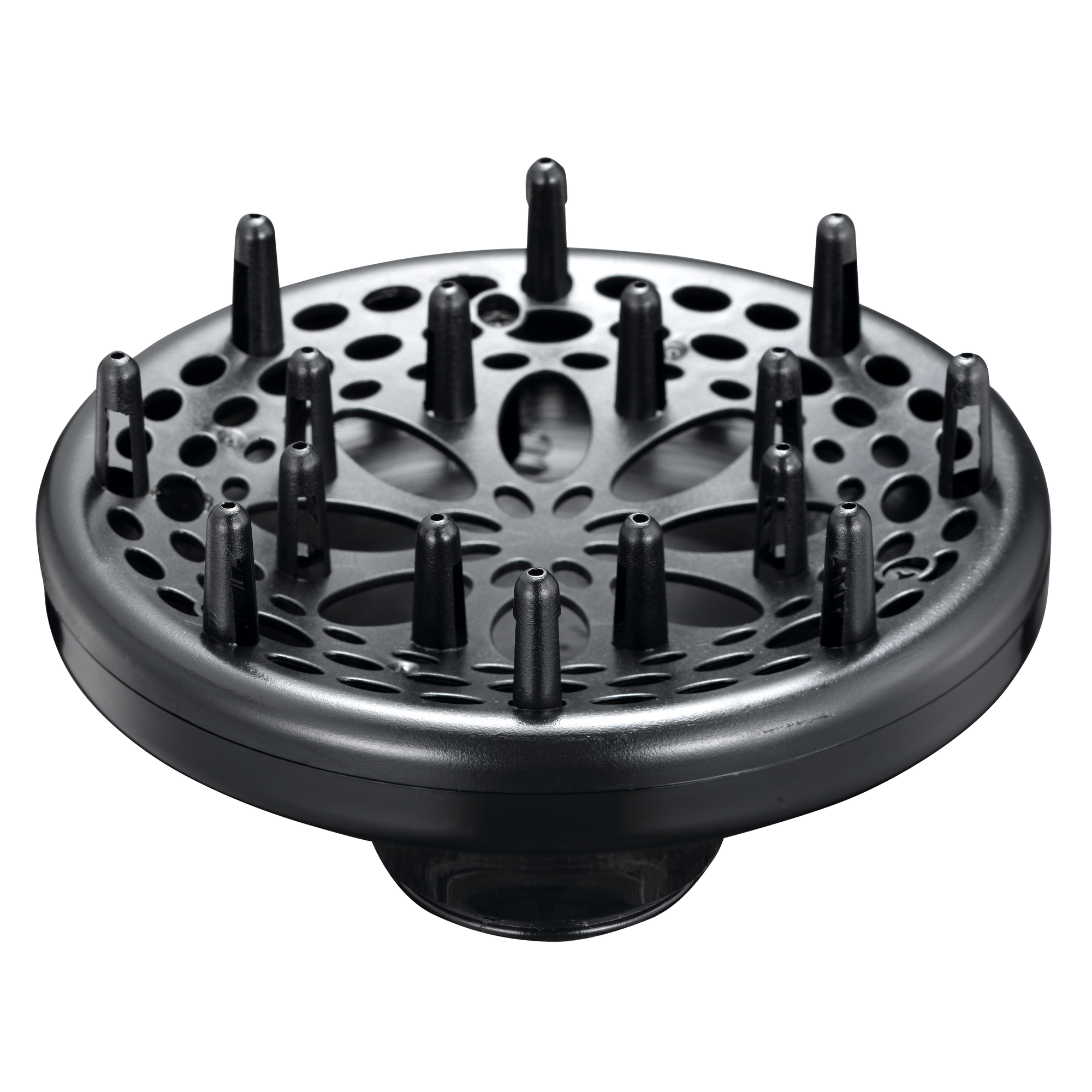 Czarny dyfuzor do suszarki do włosów, z wieloma kolcami i otworami, na białym tle.