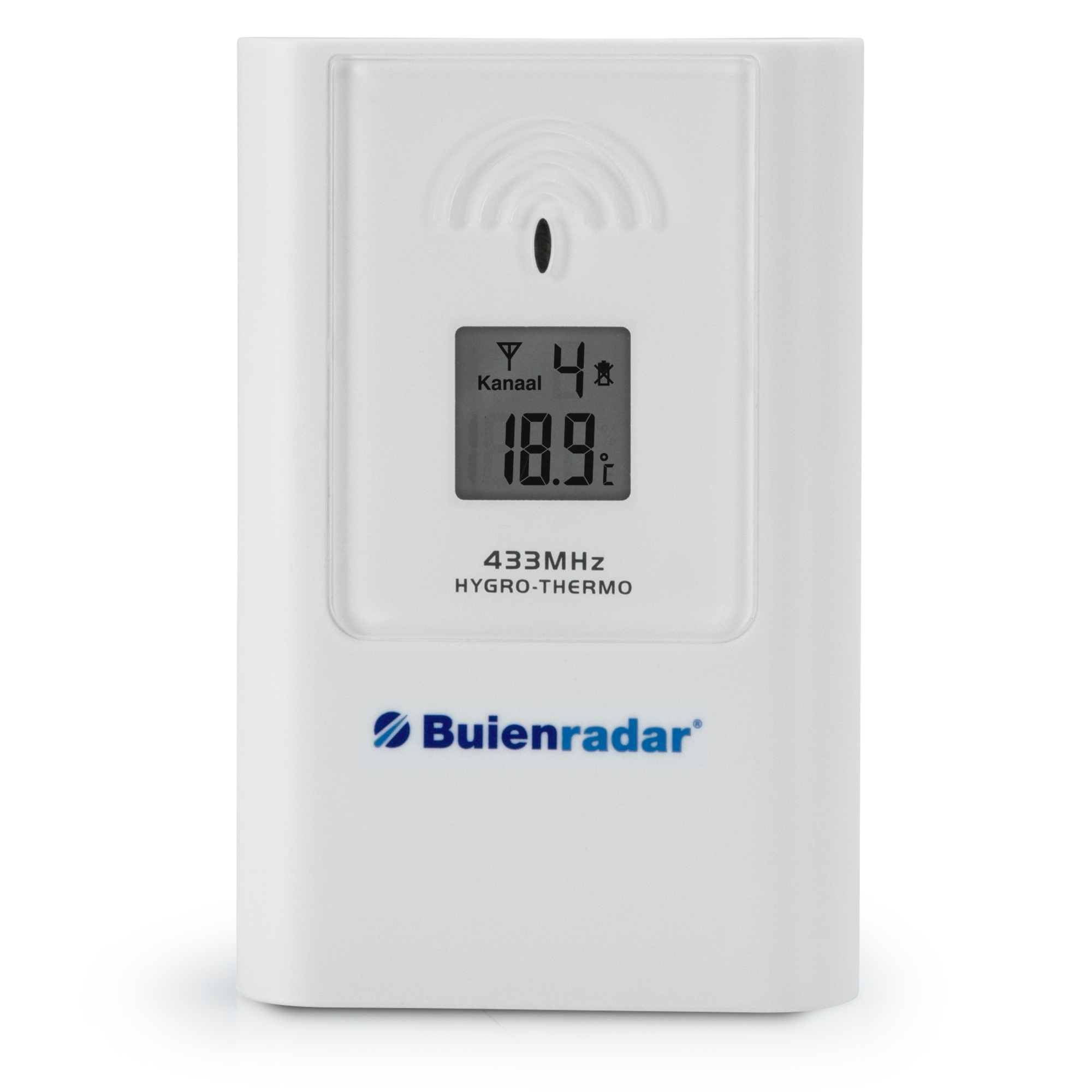 Eine weiße Wetterstation mit Digitalanzeige, die Temperatur und Kanalinformationen anzeigt.