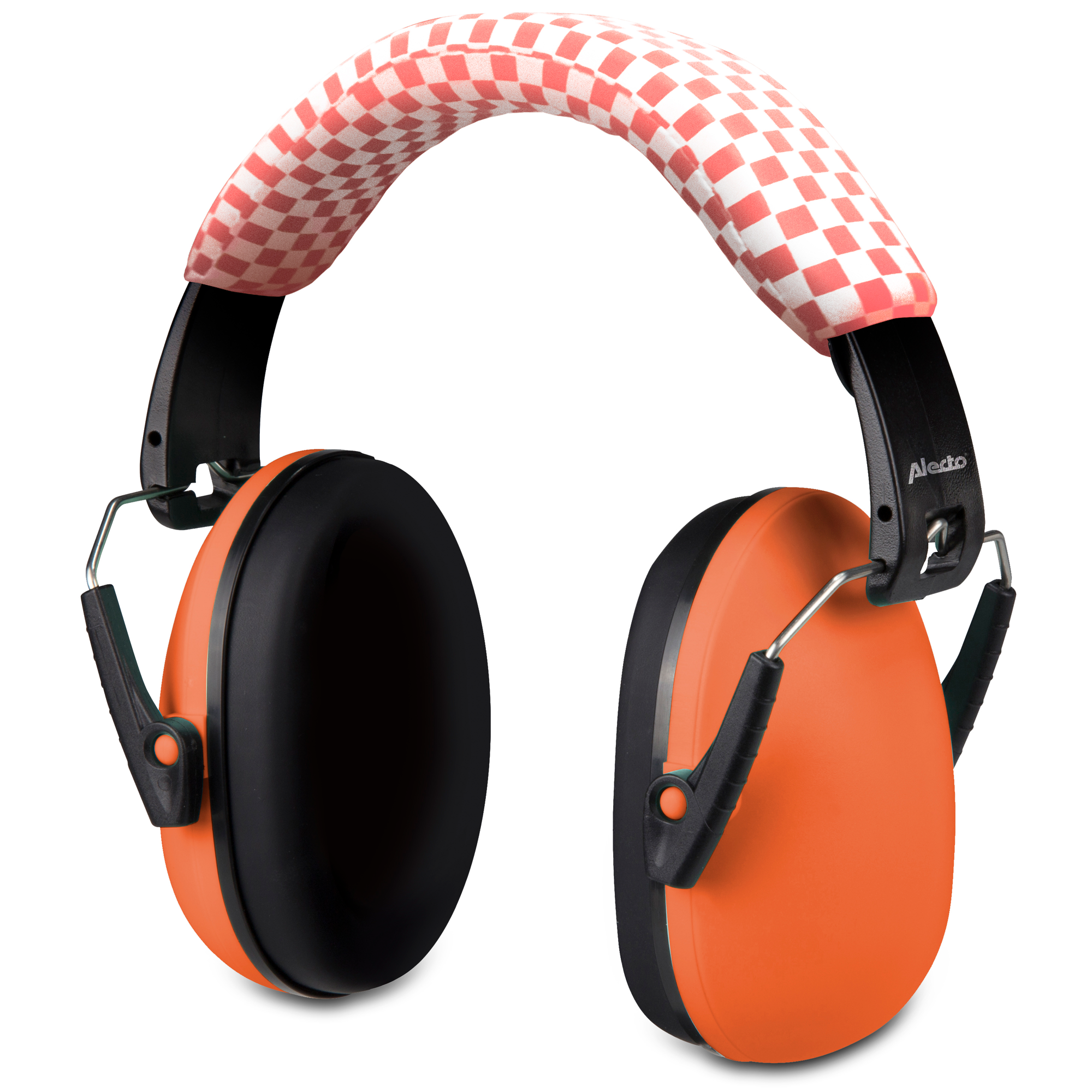 Orange und schwarze Ohrenschützer mit kariertem Stirnband. Marke Alecto.