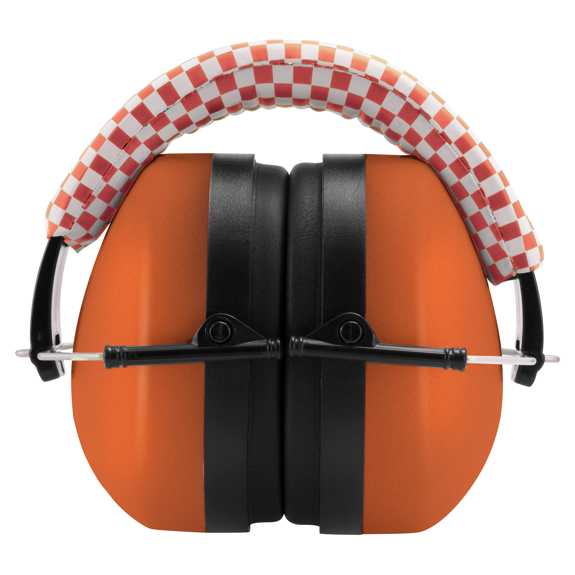 Orangefarbene Ohrenschützer mit kariertem Stirnband. Schwarze Halterungen und weißer Hintergrund.